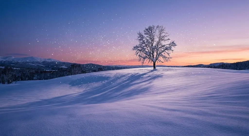 A minimalist winter landscape of a single tree standing in a vast, untouched field of deep white snow in Biei, with sparkling ice crystals in the twilight air.