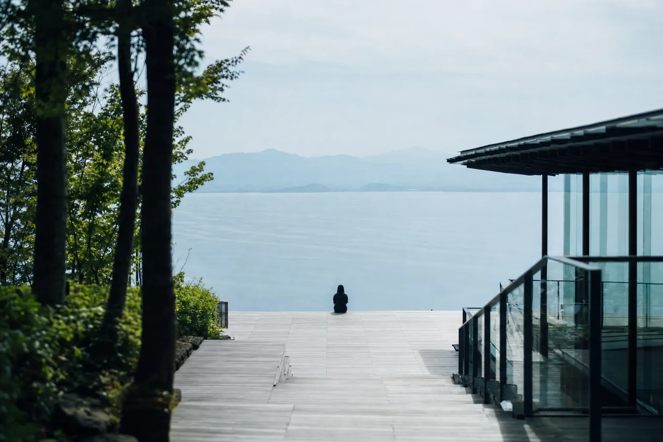 the North Terrace walkway at The Main extending out over the panoramic view of Lake Biwa