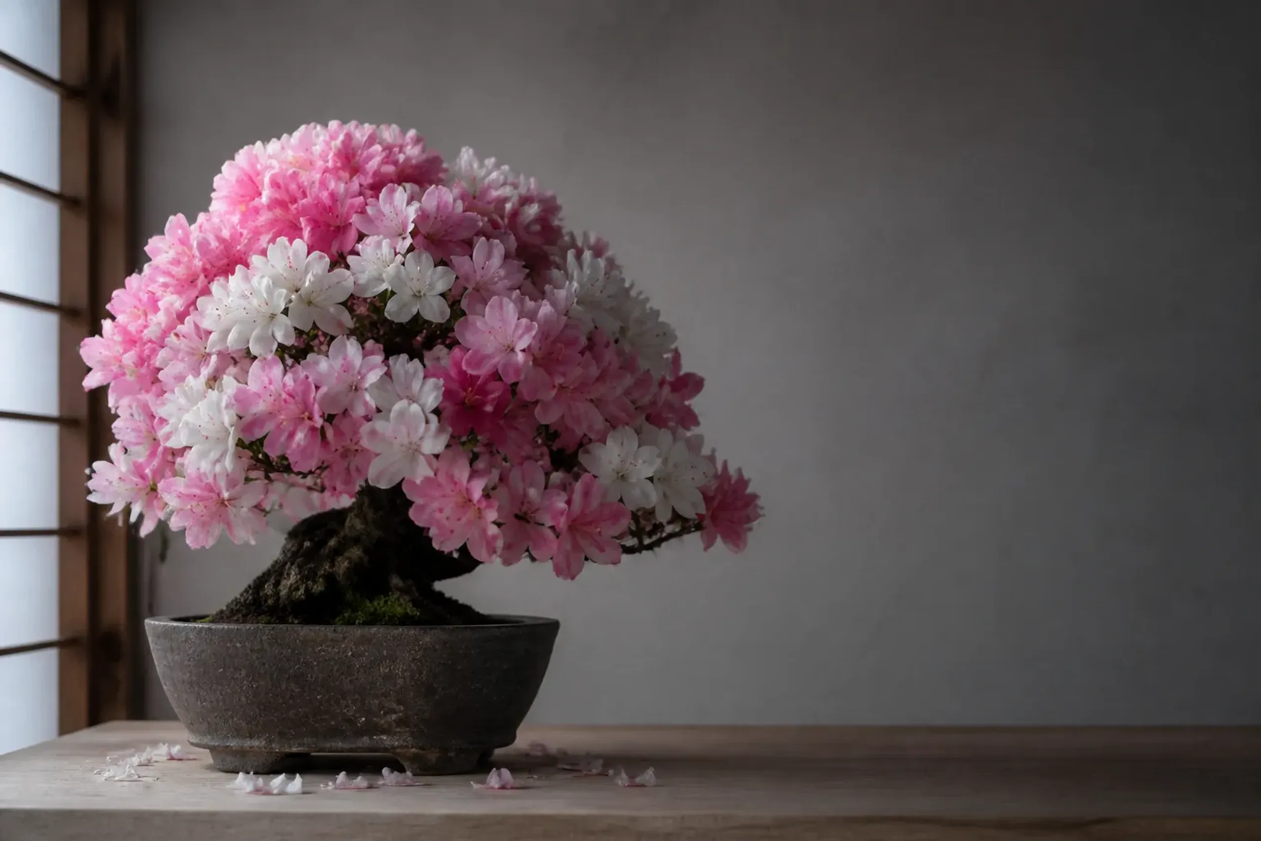 Satsuki azalea bonsai tree completely covered in pink and white spring blossoms.