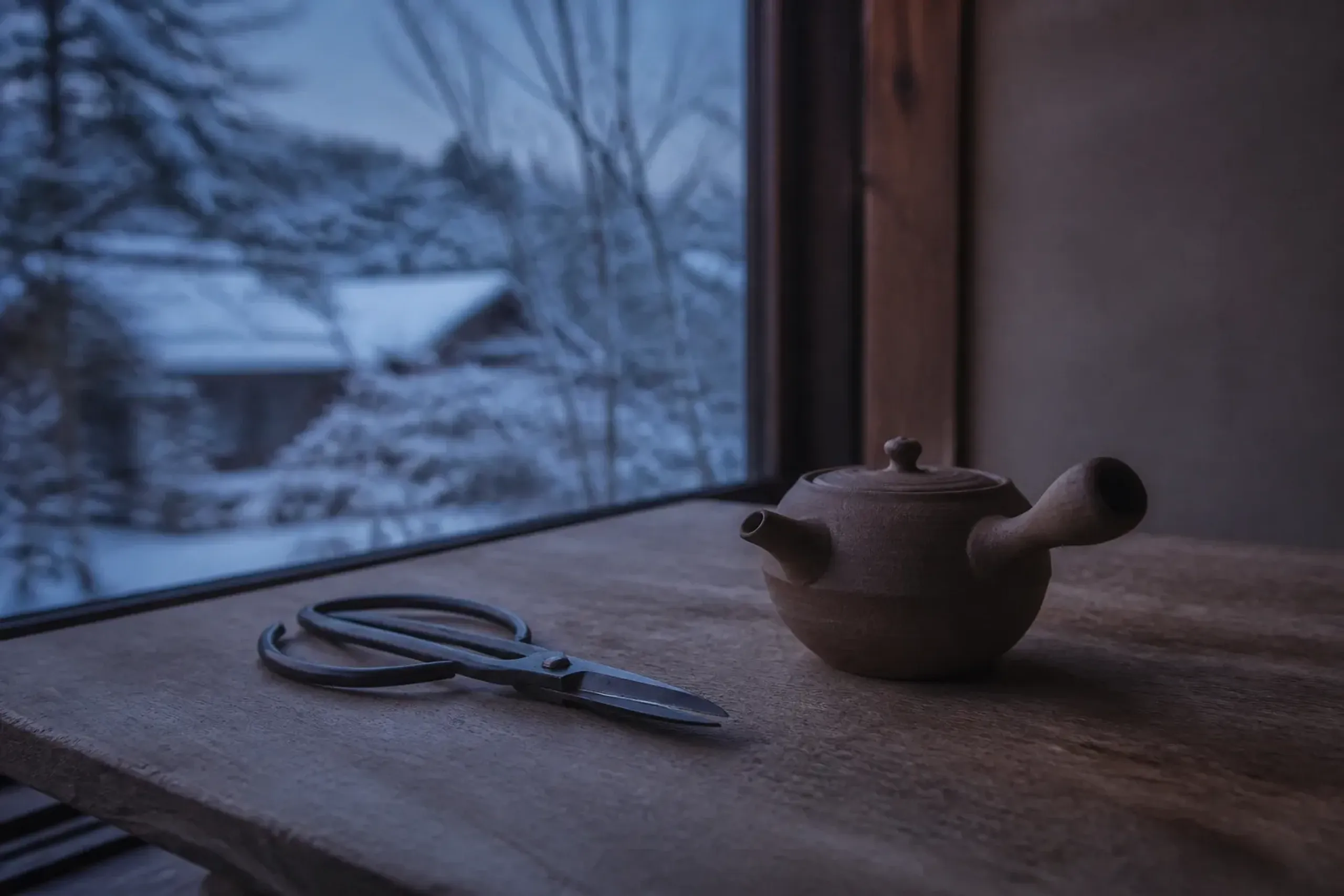 Carbon-steel bonsai shears and an unglazed clay Tokoname pot on a wooden surface.