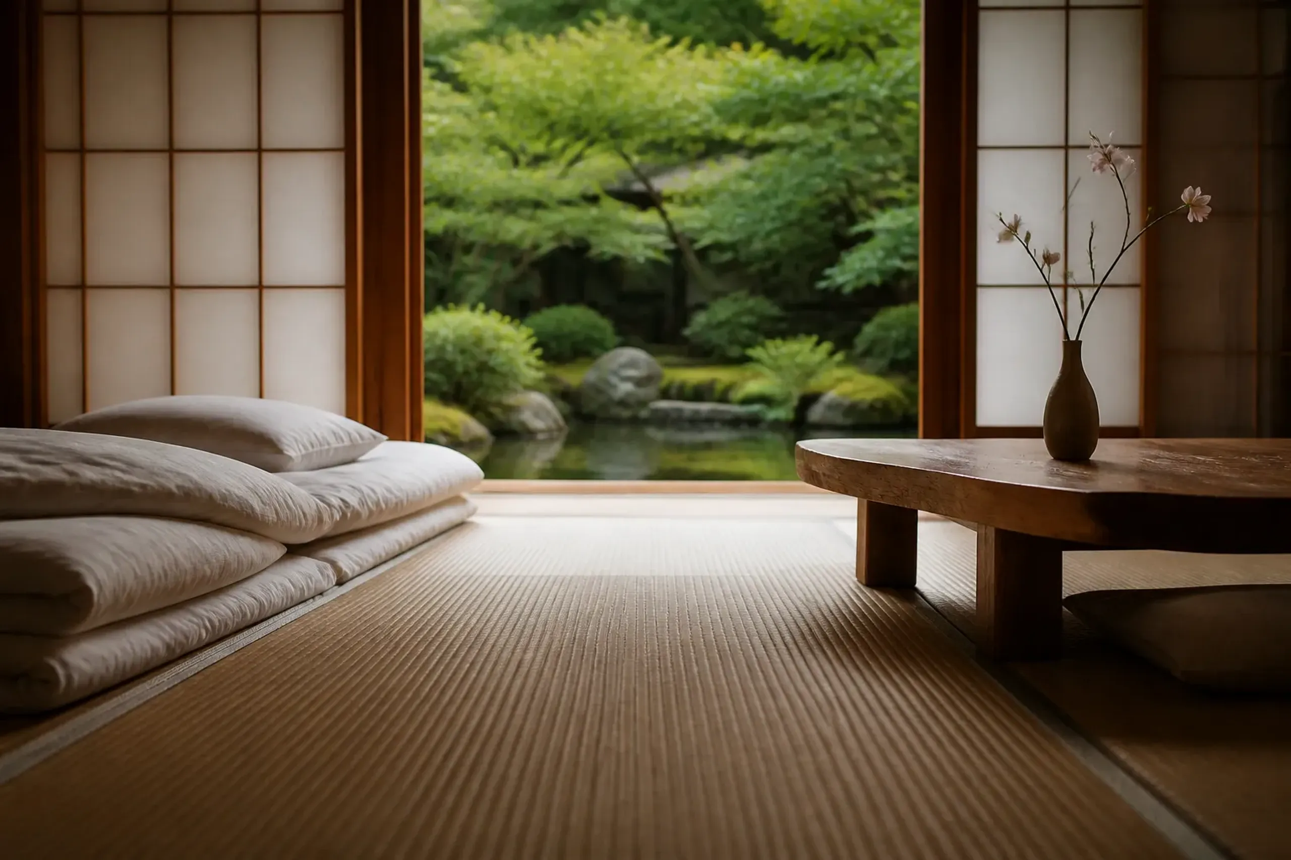 a traditional Kyoto ryokan tatami room with folded futon bedding, a low lacquer table, and a shoji screen opening onto a small garden