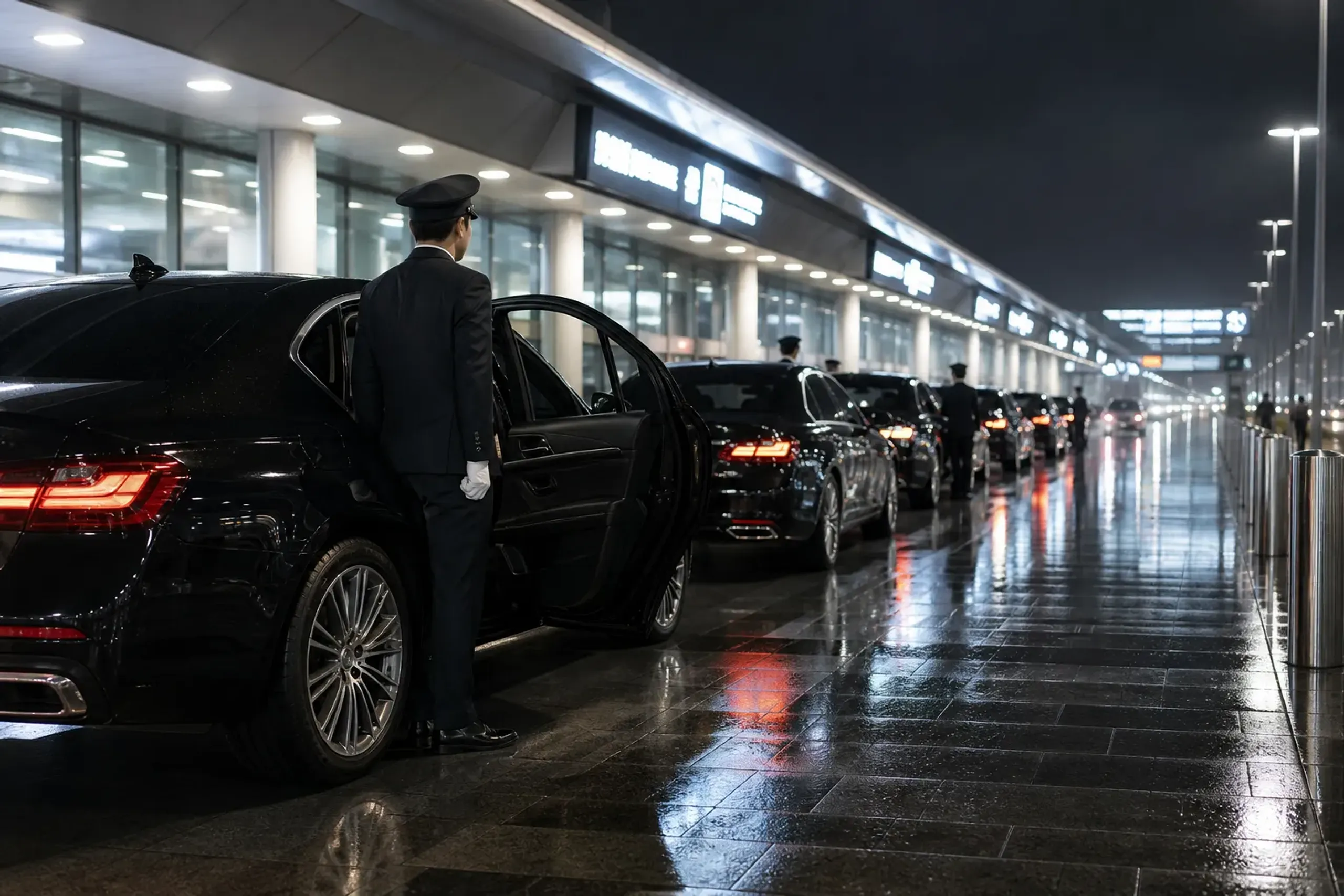the arrivals curb outside Haneda Airport's international terminal at night, with a line of black sedans and glowing signage overhead