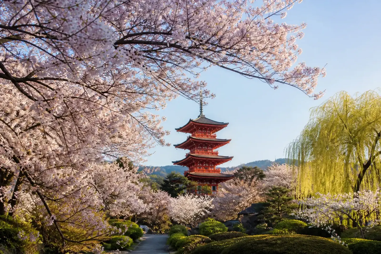 cherry blossoms in full bloom framing the vermilion pagoda in Kyoto's Maruyama Park during peak spring season