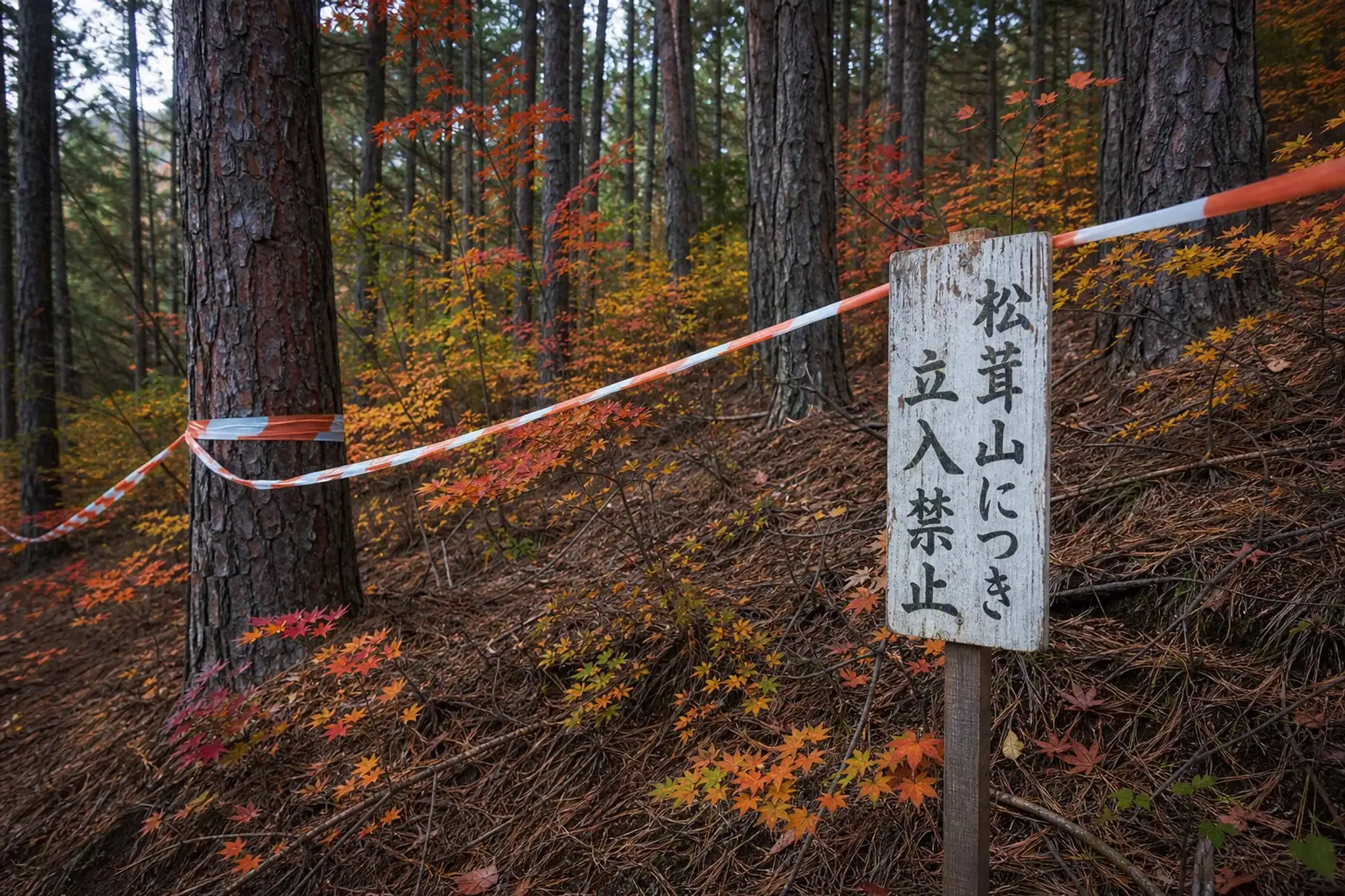 Coloured tape and a Japanese warning sign marking off a guarded matsutake forest slope