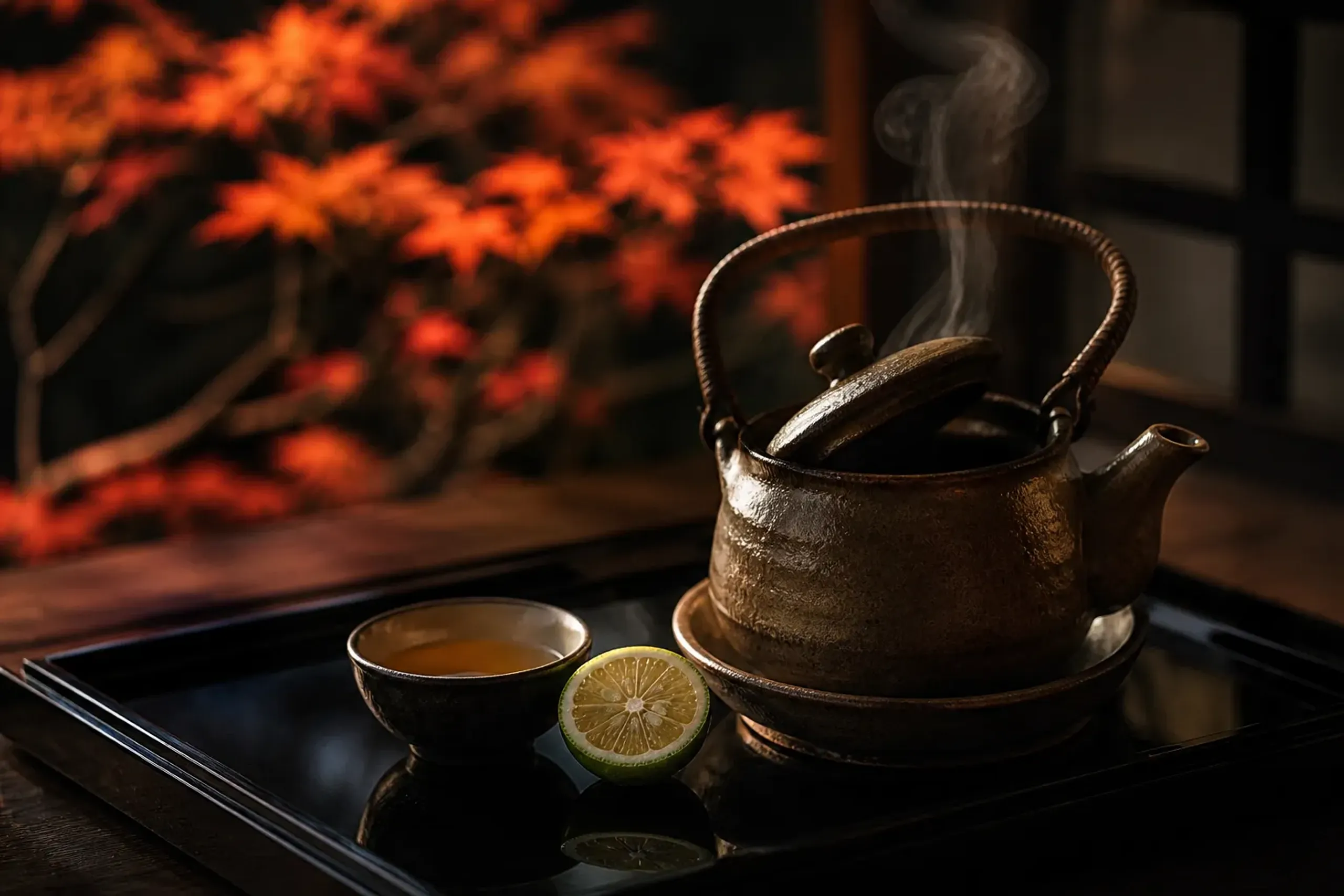 Matsutake dobin-mushi served in a small clay teapot with sudachi citrus on a lacquer tray