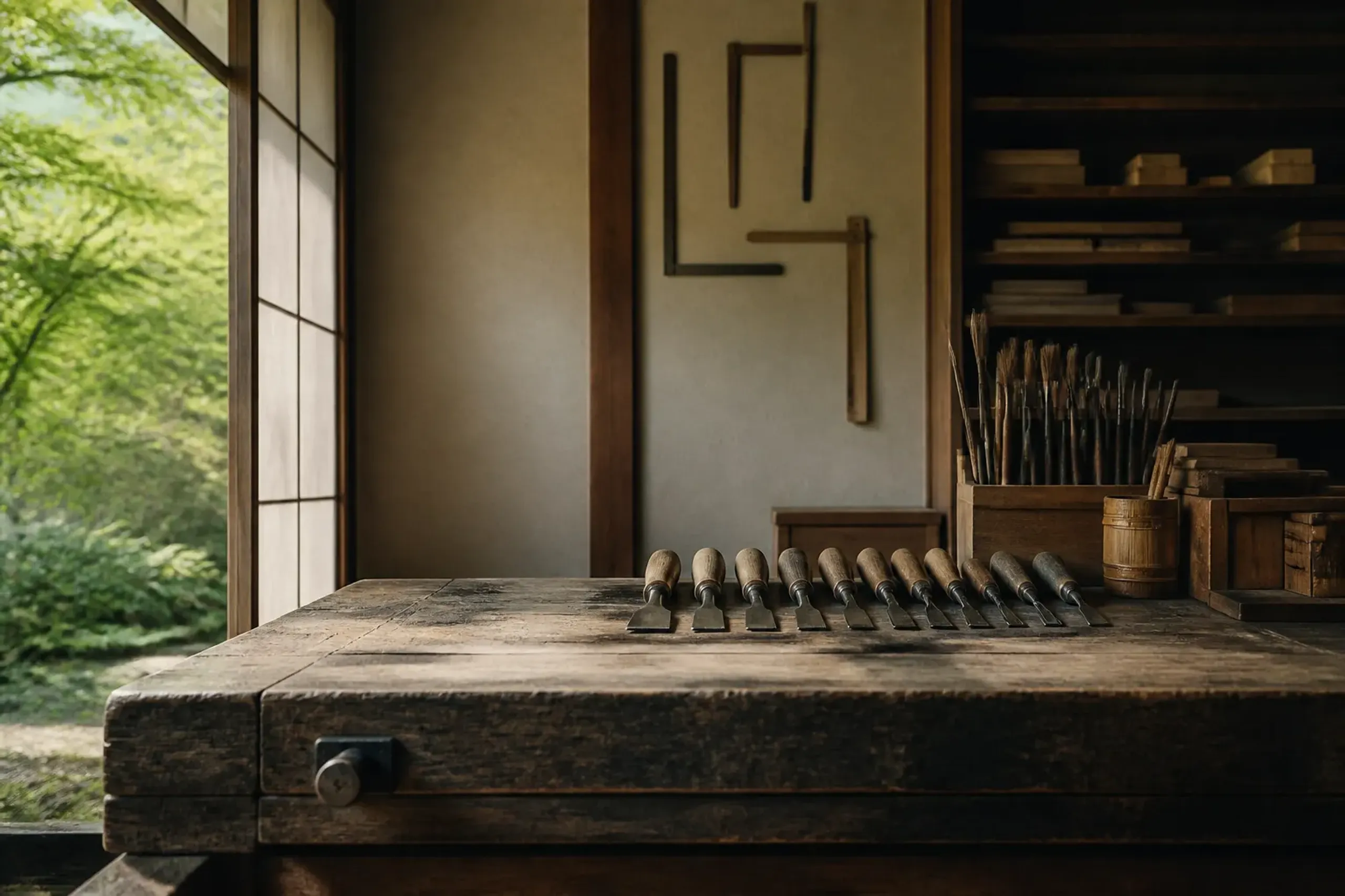 Empty Japanese craft workshop with neatly organized tools and a clean workbench