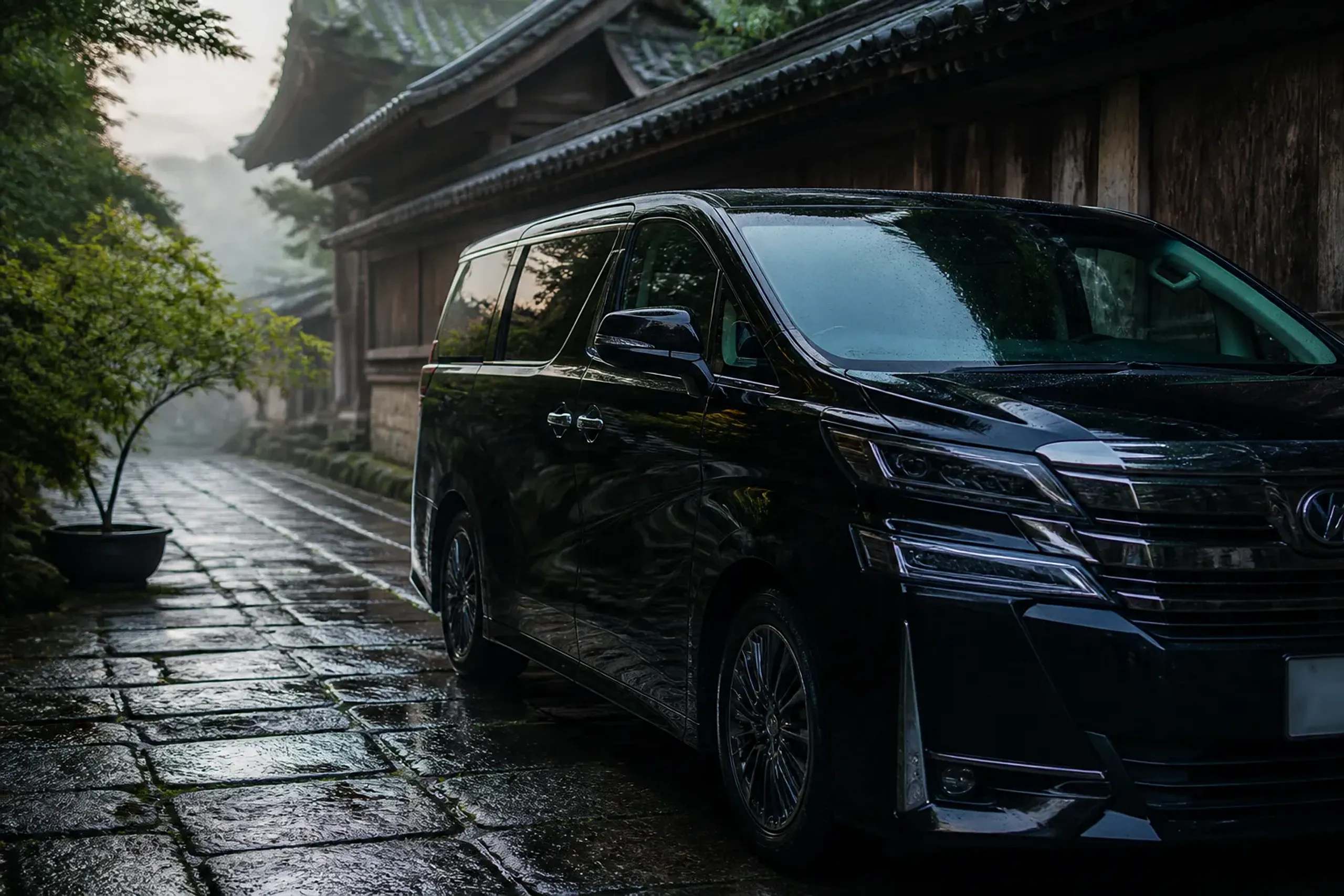 Person-free image of a discreet luxury van parked on a quiet Japanese street in the morning