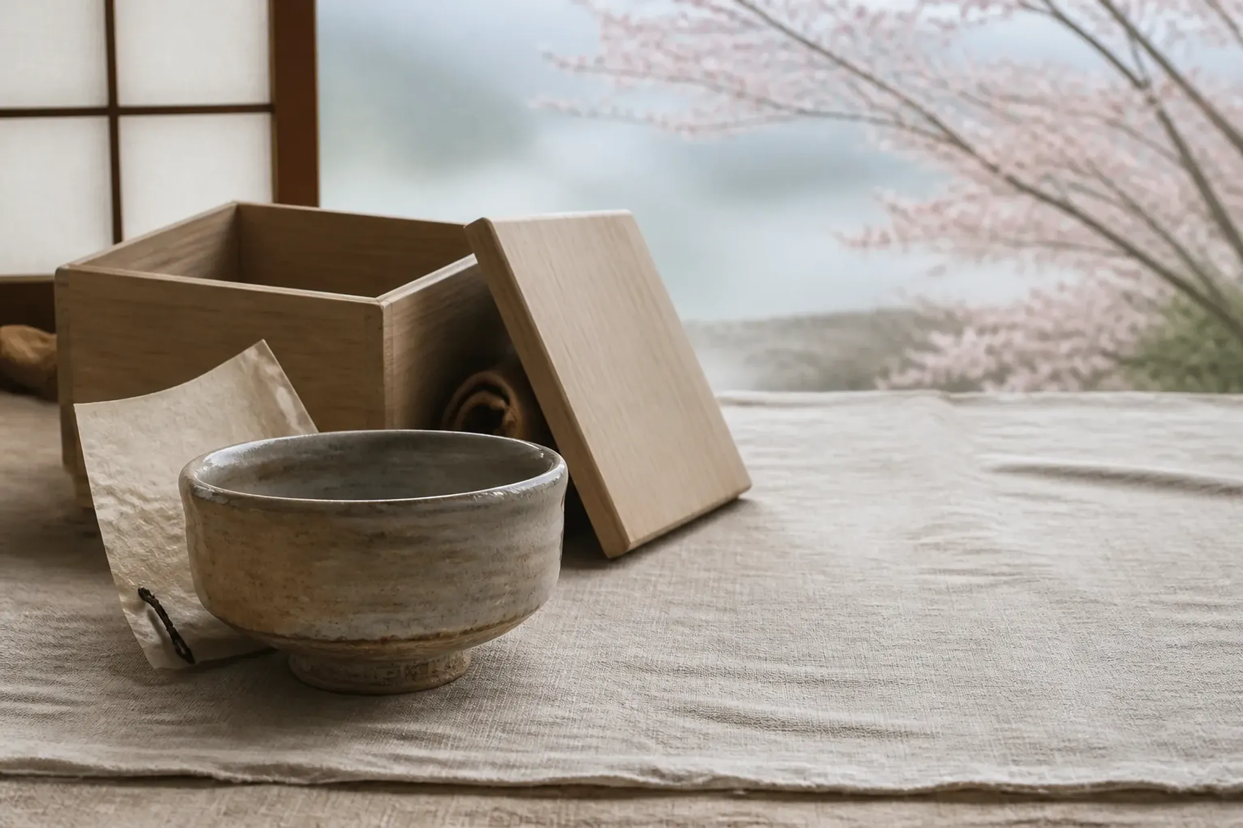 Signed Japanese ceramic piece with handwritten note and wooden storage box, photographed without people
