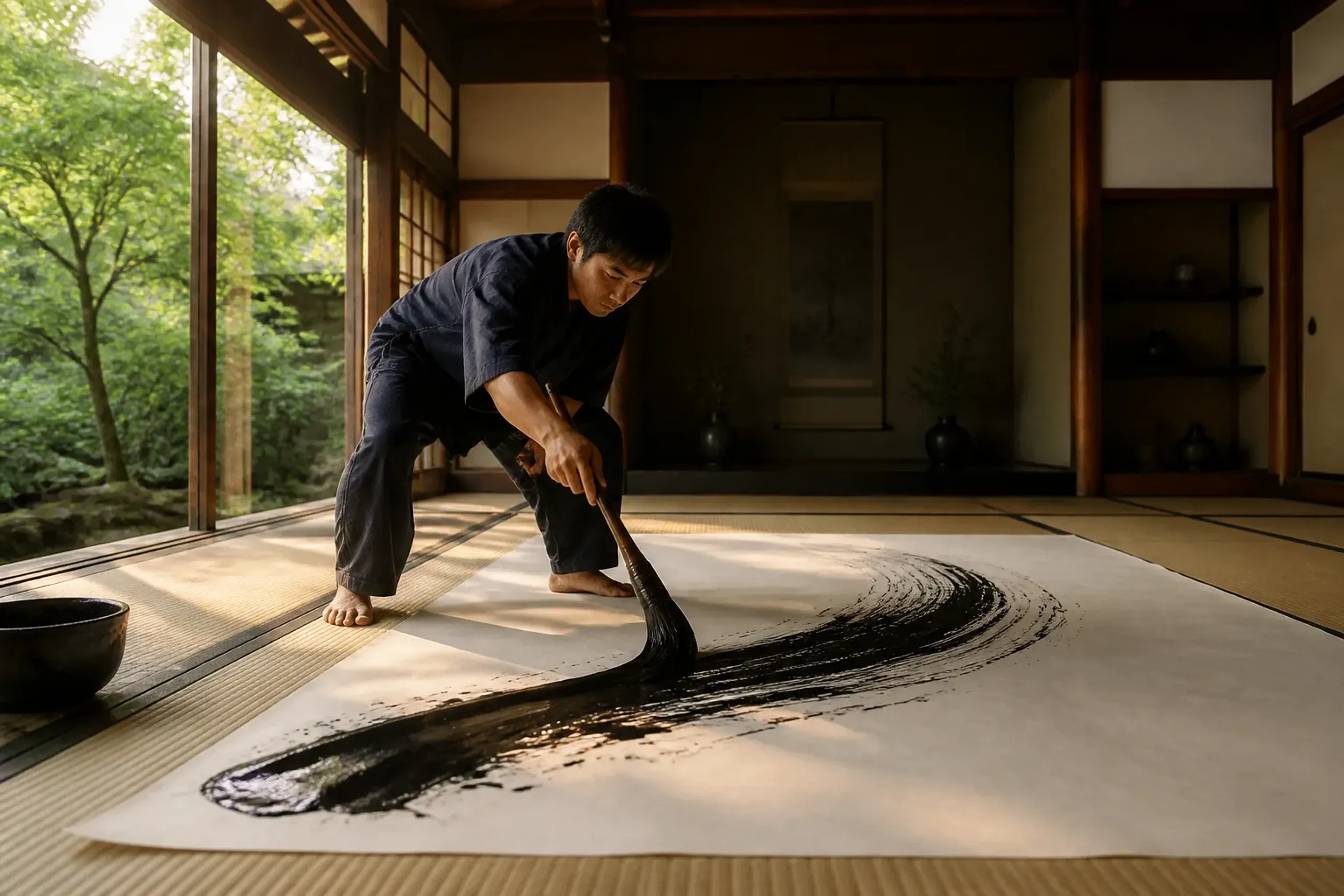 Calligraphy practitioner using a large brush on paper laid on the floor