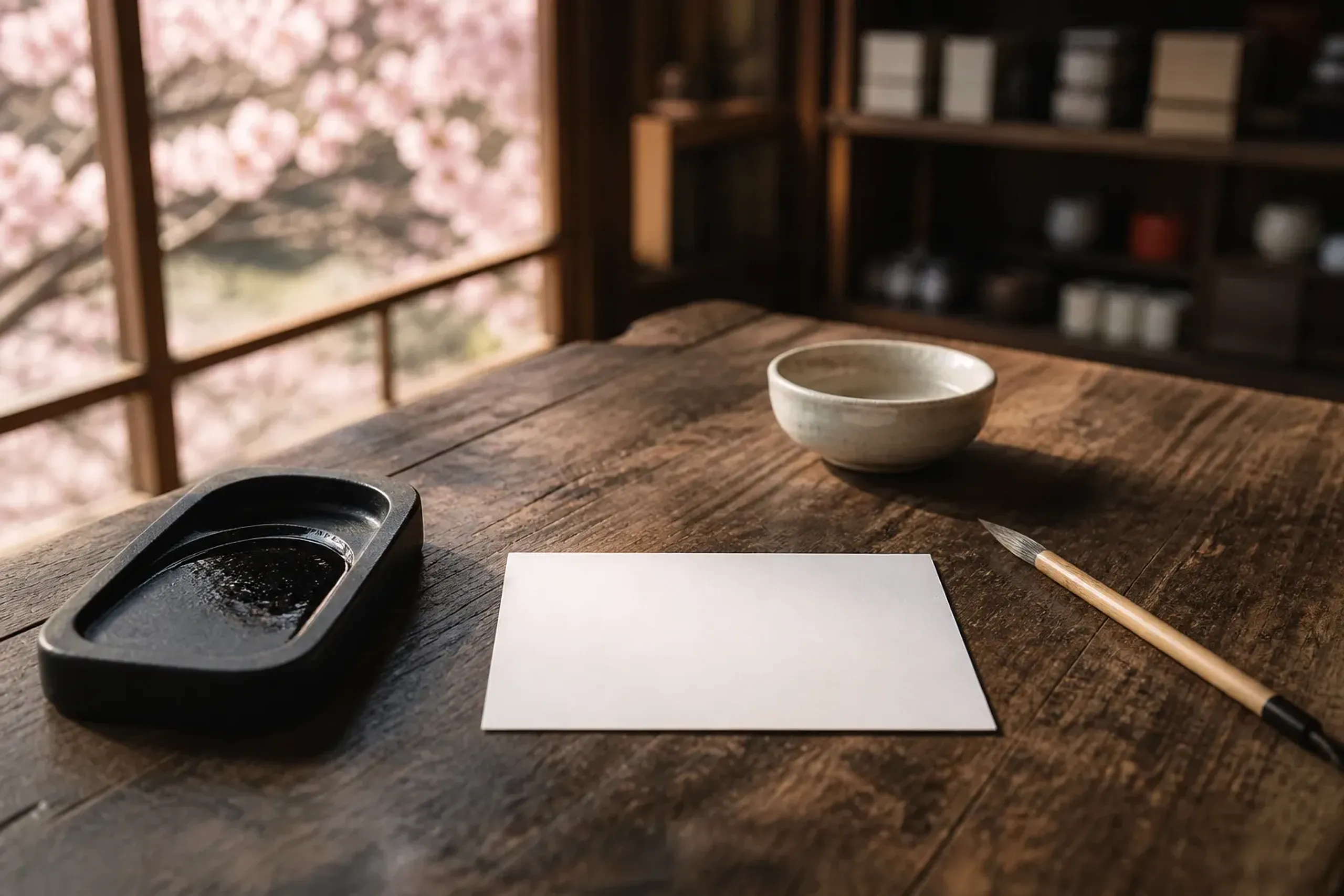Close-up still life inside Paper Tree stationery store in Kudanshita: a blank postcard on a wooden counter beside a calligraphy brush, an inkstone with fresh sumi, and a small dish of water, staged as