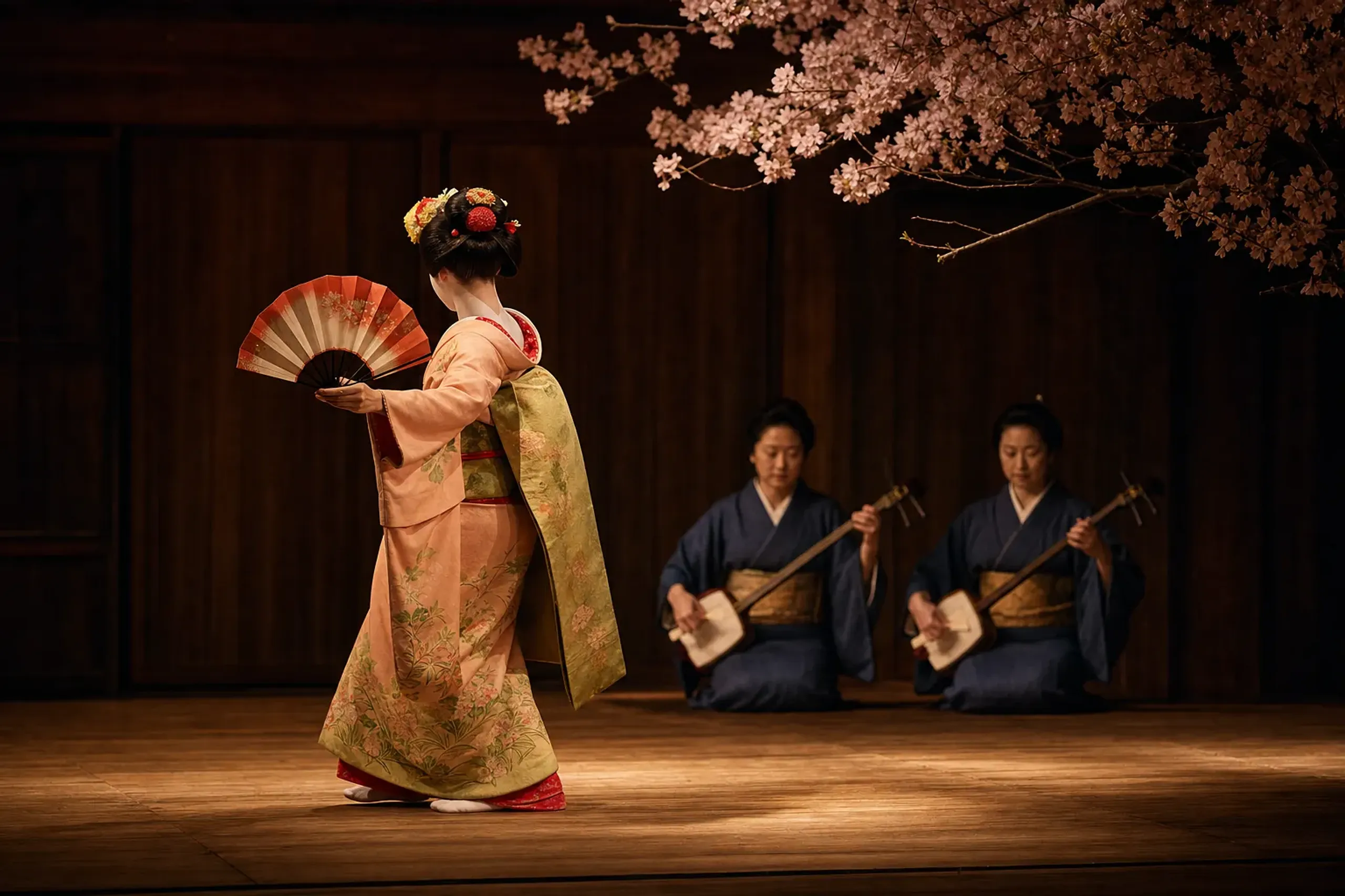 Maiko performing a traditional spring dance on a Kyoto theatre stage during Haru no Odori season