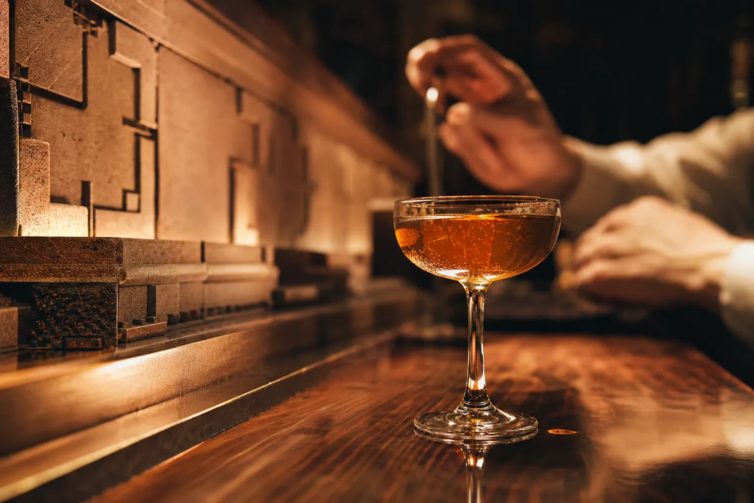 the OLD IMPERIAL BAR at the Imperial Hotel, Kyoto — a hand-mixed cocktail on the polished bar counter in a wood-paneled room evoking the brand's Tokyo bar lineage
