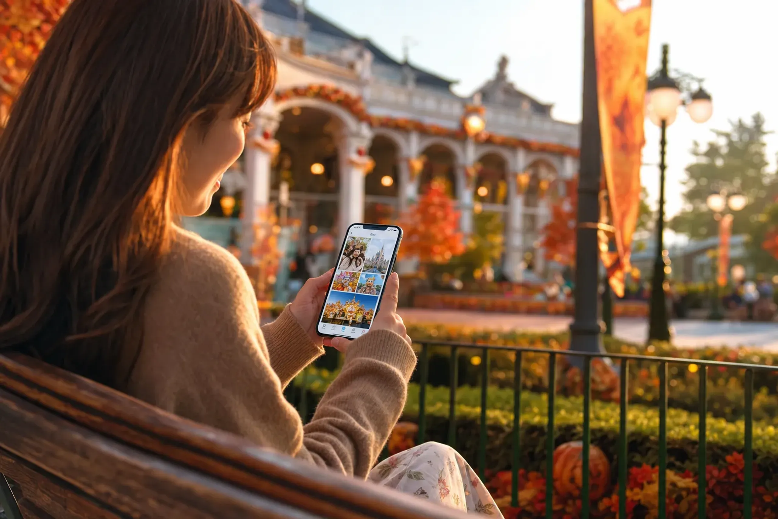 Guest reviewing Tokyo Disney Resort photos on a smartphone with autumn park décor behind