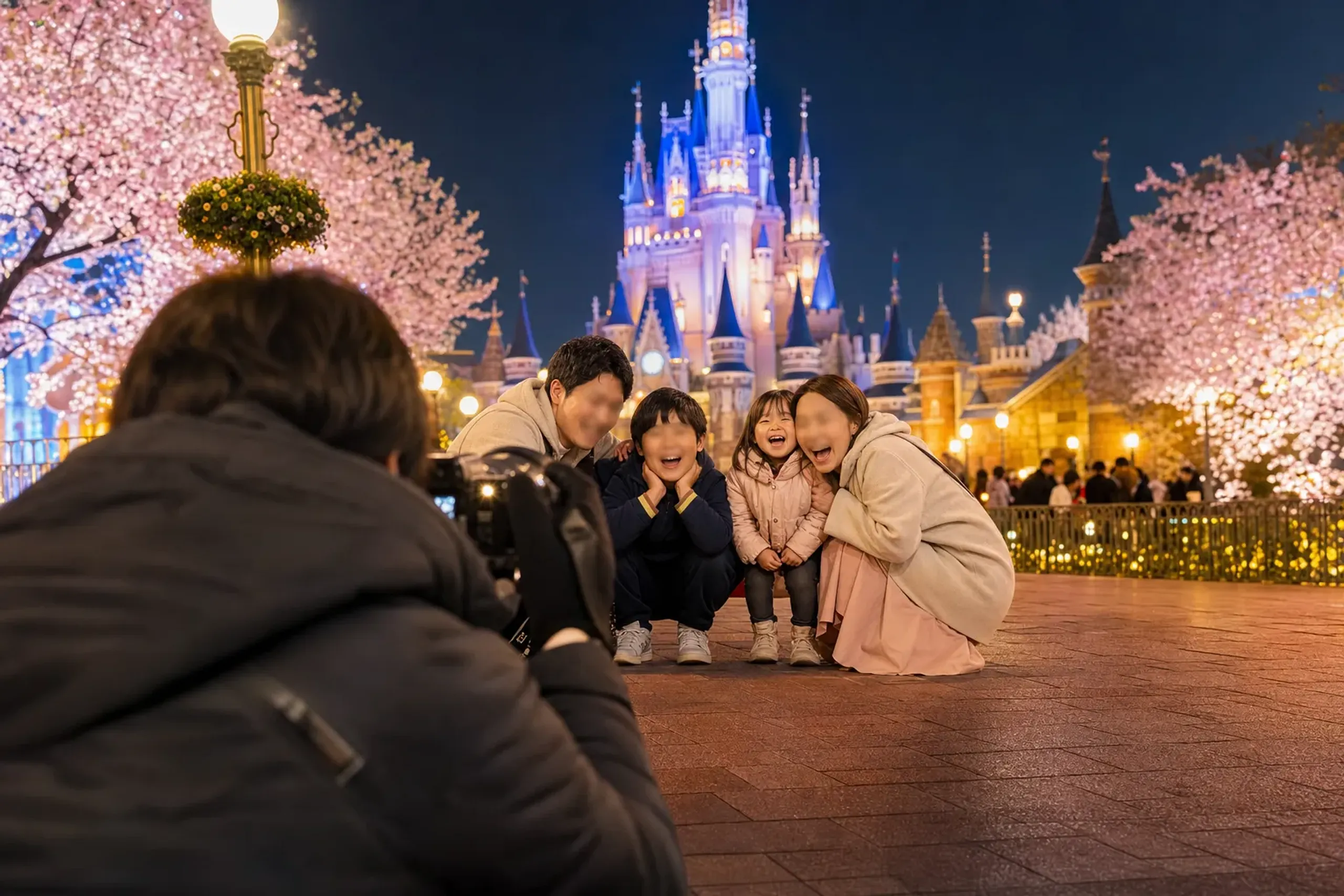 Professional Disney photographer capturing a family at an indoor greeting studio