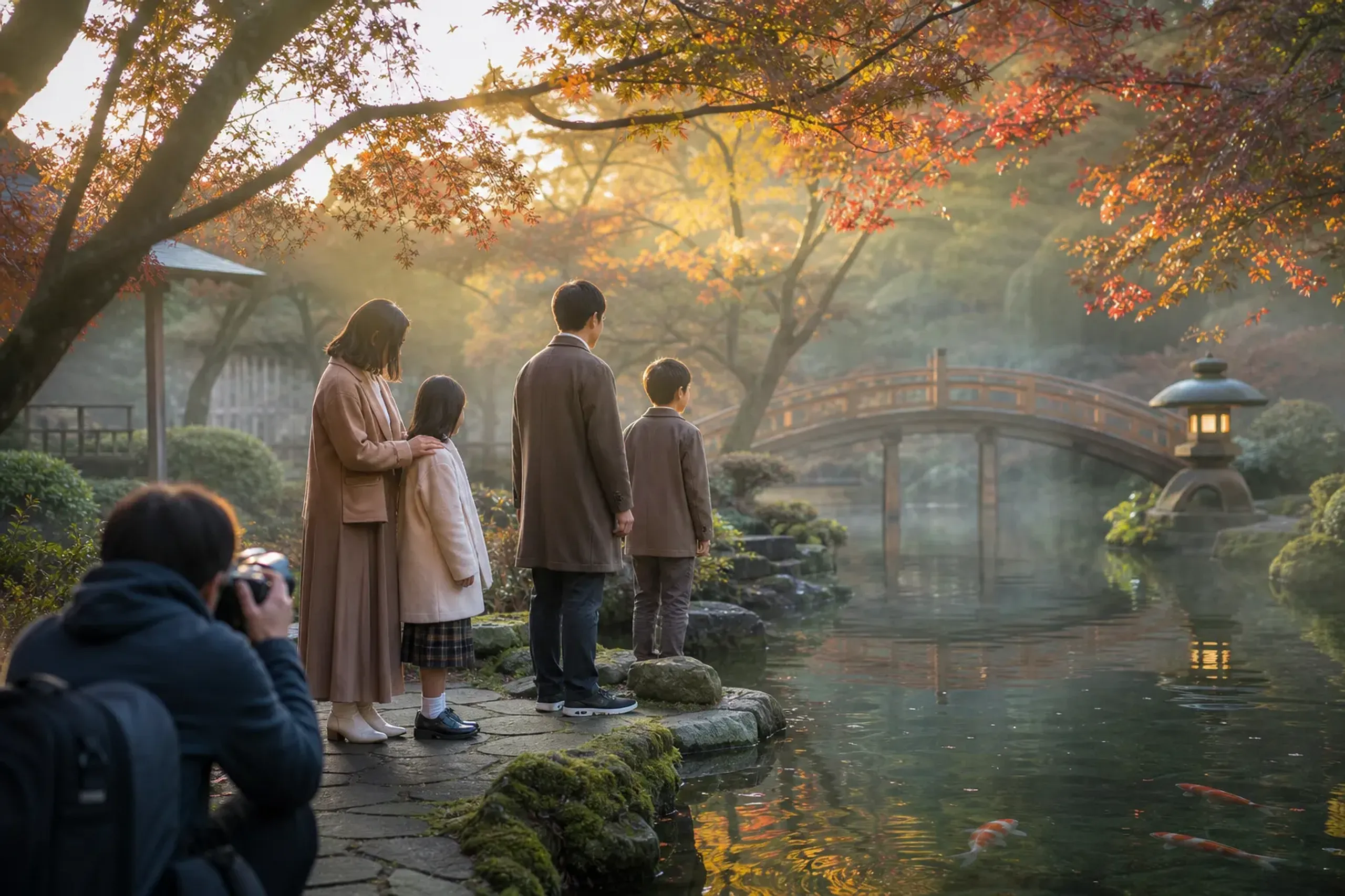 Elegant family portrait session in a tranquil Tokyo garden with soft daylight
