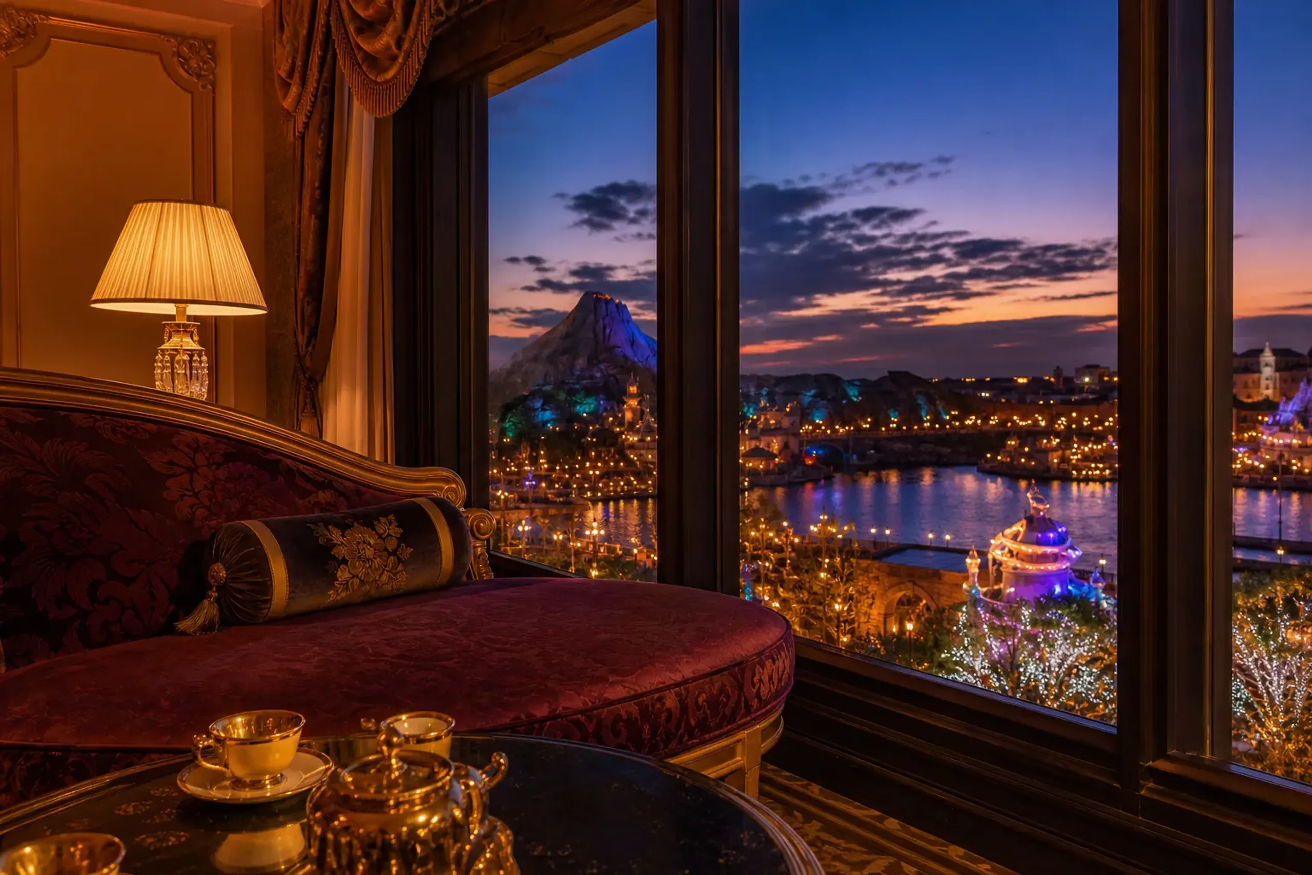 the Grand Chateau suite interior at Tokyo DisneySea Fantasy Springs Hotel, with floor-to-ceiling windows overlooking the Fantasy Springs waterways at dusk