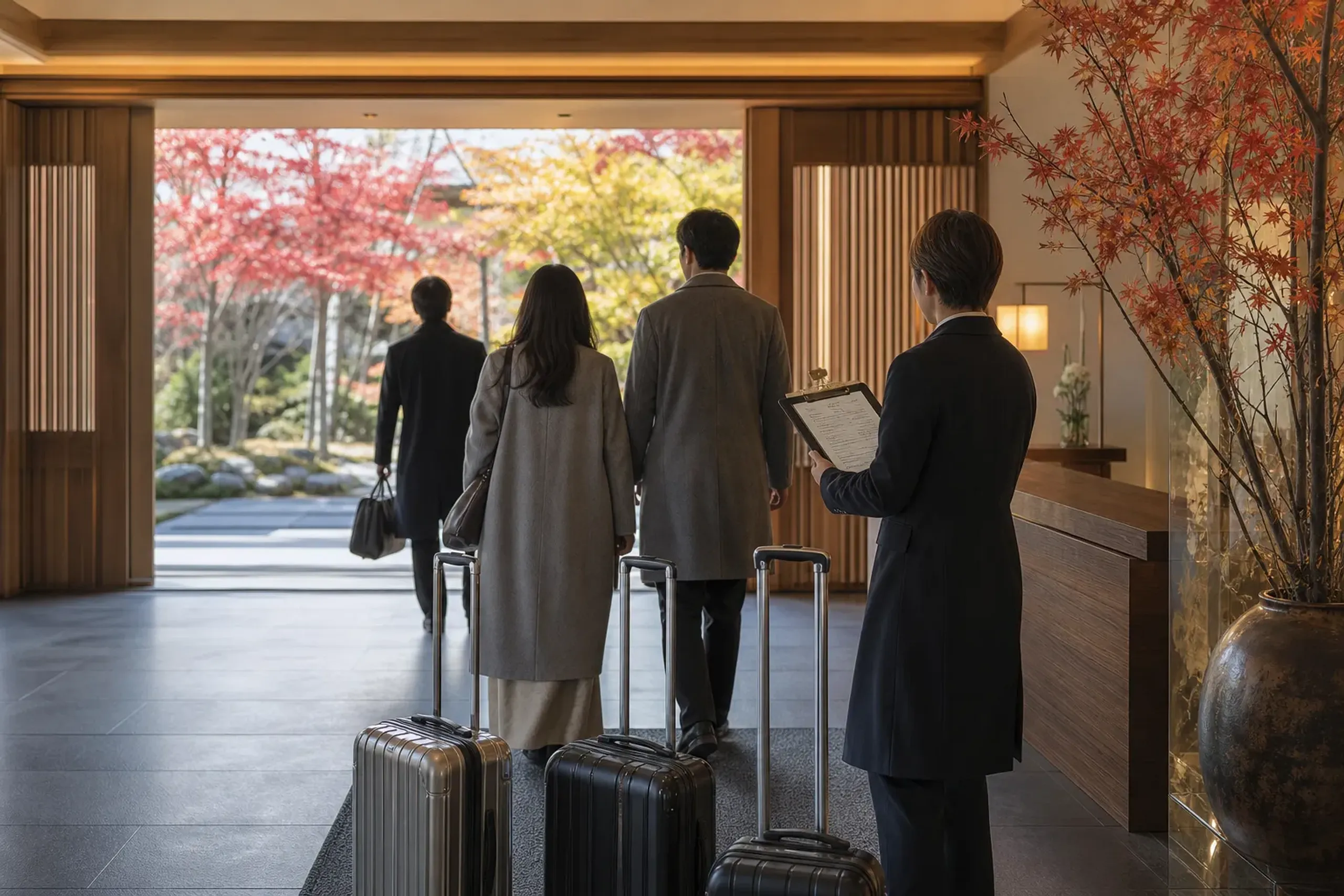 Group arrivals in a Japanese hotel lobby with luggage and a coordinator holding a rooming list