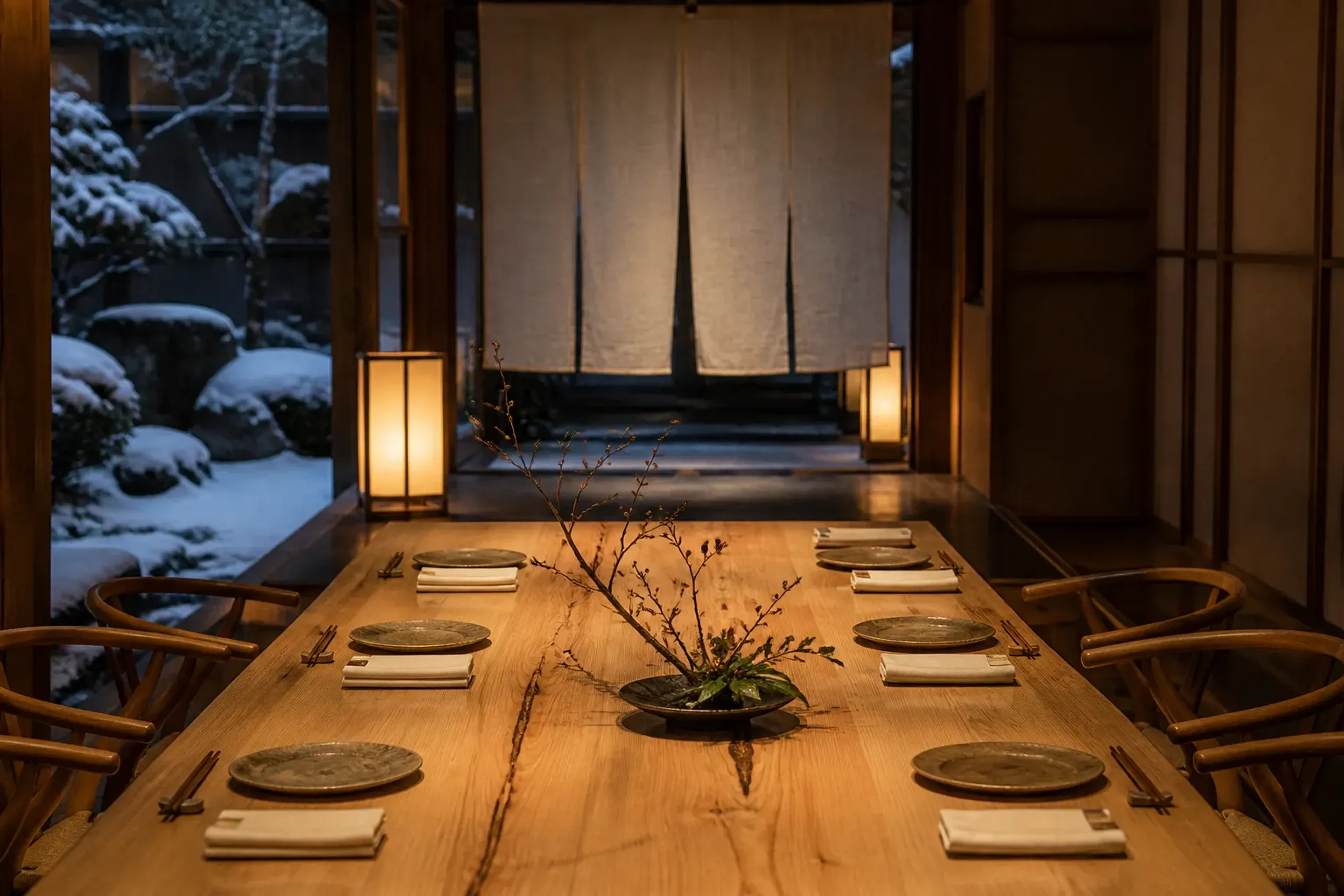 Private dining room in a Japanese restaurant prepared for a group celebration dinner