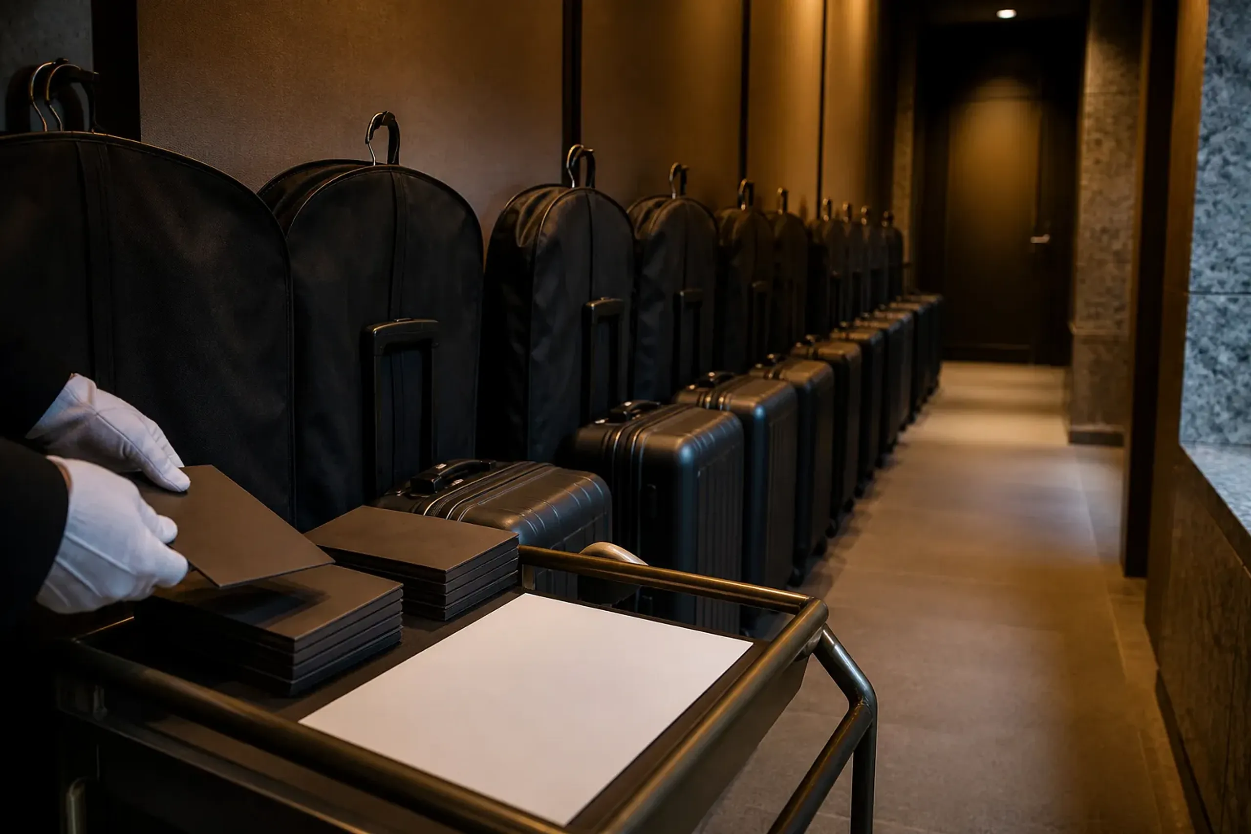 A still-life of arrival logistics: a neat row of identical hard-shell suitcases and garment bags staged beside a hotel lobby back-of-house corridor or discreet porte-cochère area, with a printed roomi