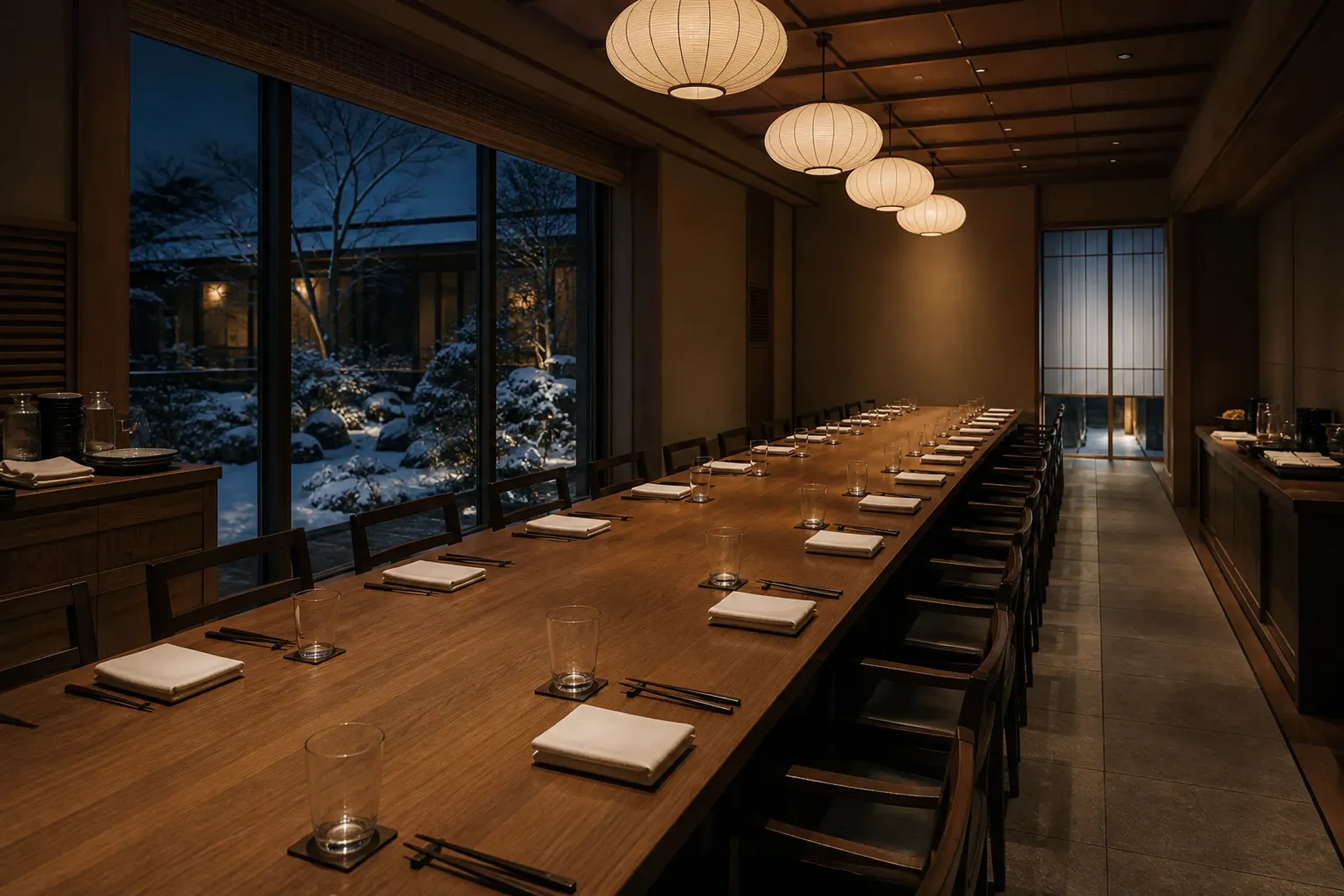 A discreet, operational luxury scene: a hotel private-room banquet setup for 30–60 guests with place settings aligned, service stations prepared, and a curtained or frosted-glass entry that suggests c