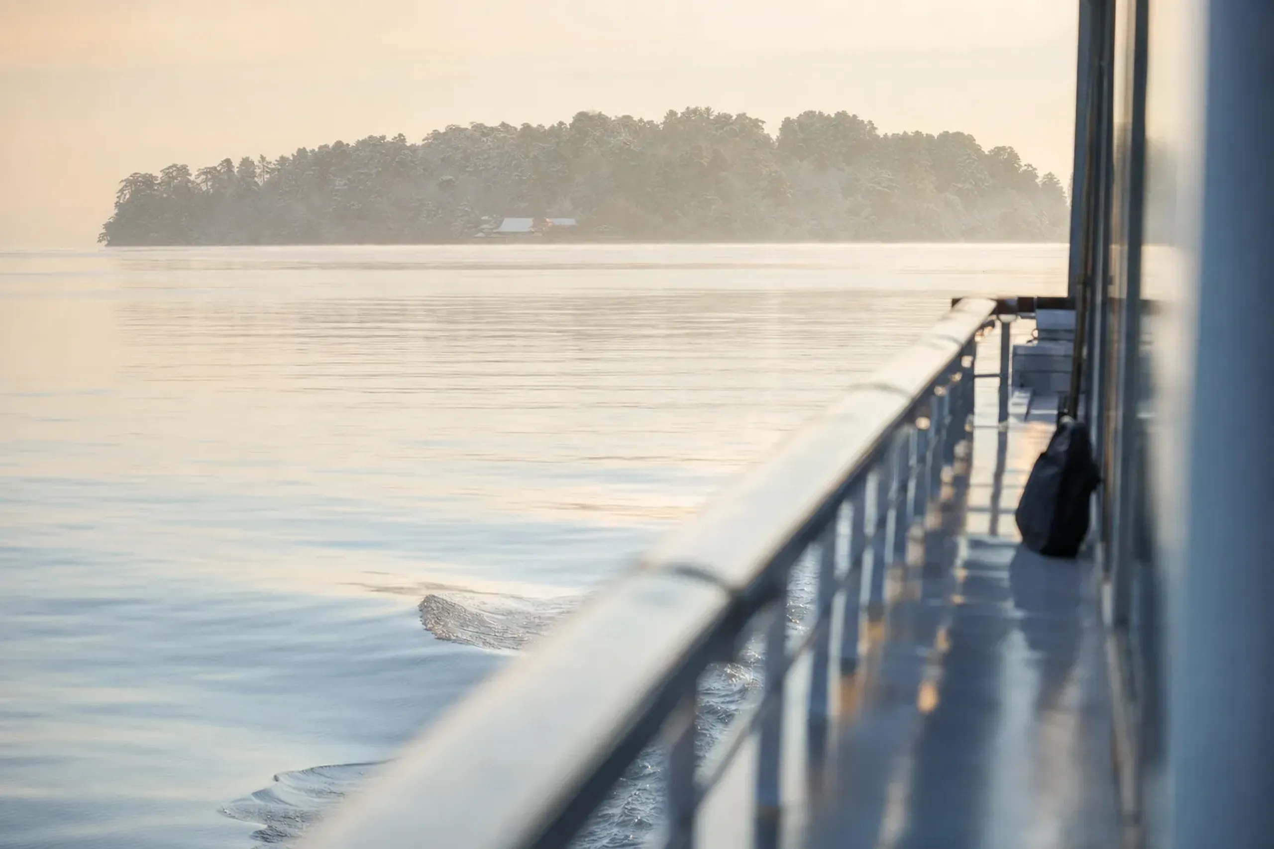 Boat approaching Chikubushima island on Lake Biwa in Shiga Prefecture