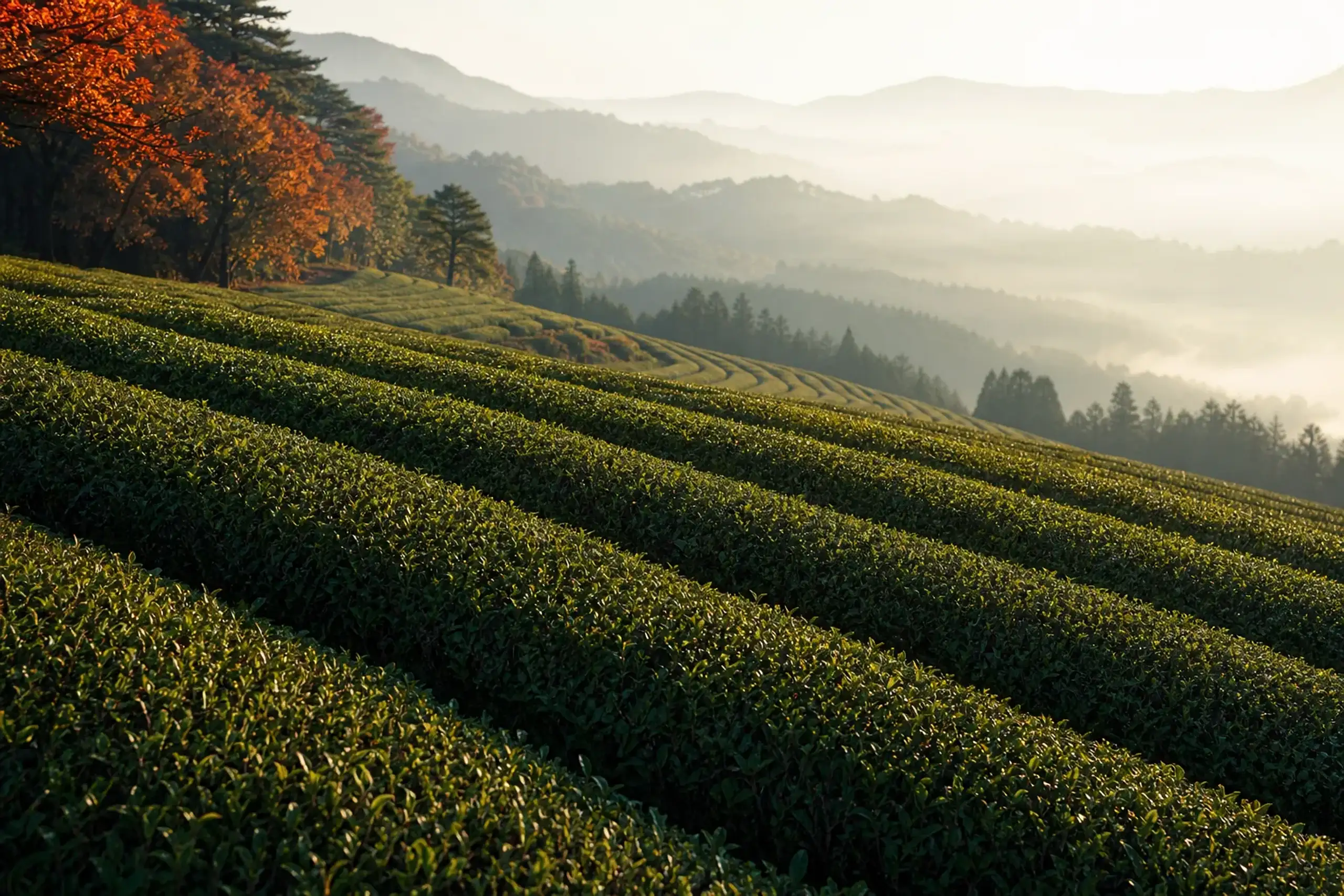Rows of green tea bushes across Shizuoka hillsides in soft morning haze