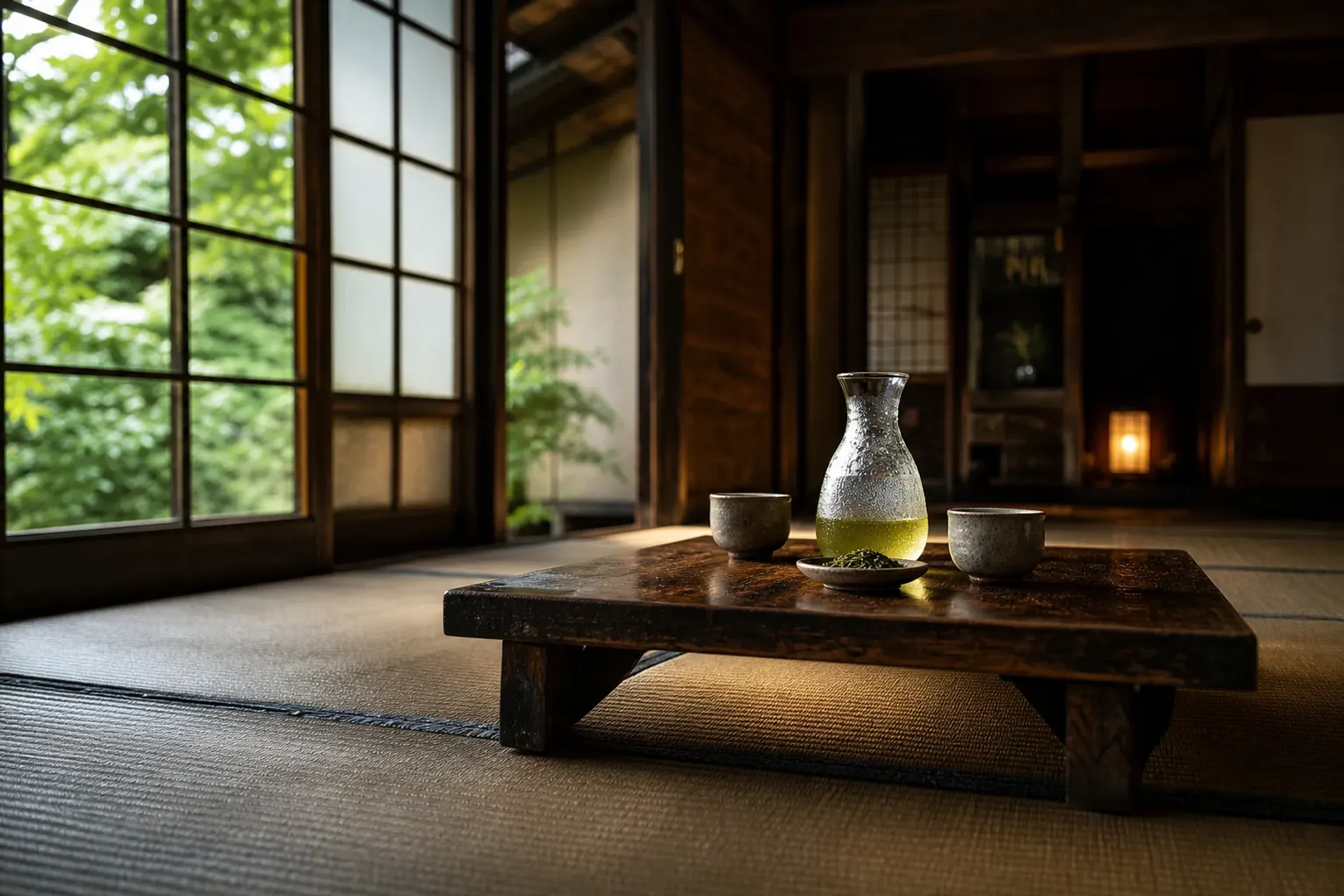 Tatami interior of a 150-year-old Japanese farmhouse arranged for a tea tasting