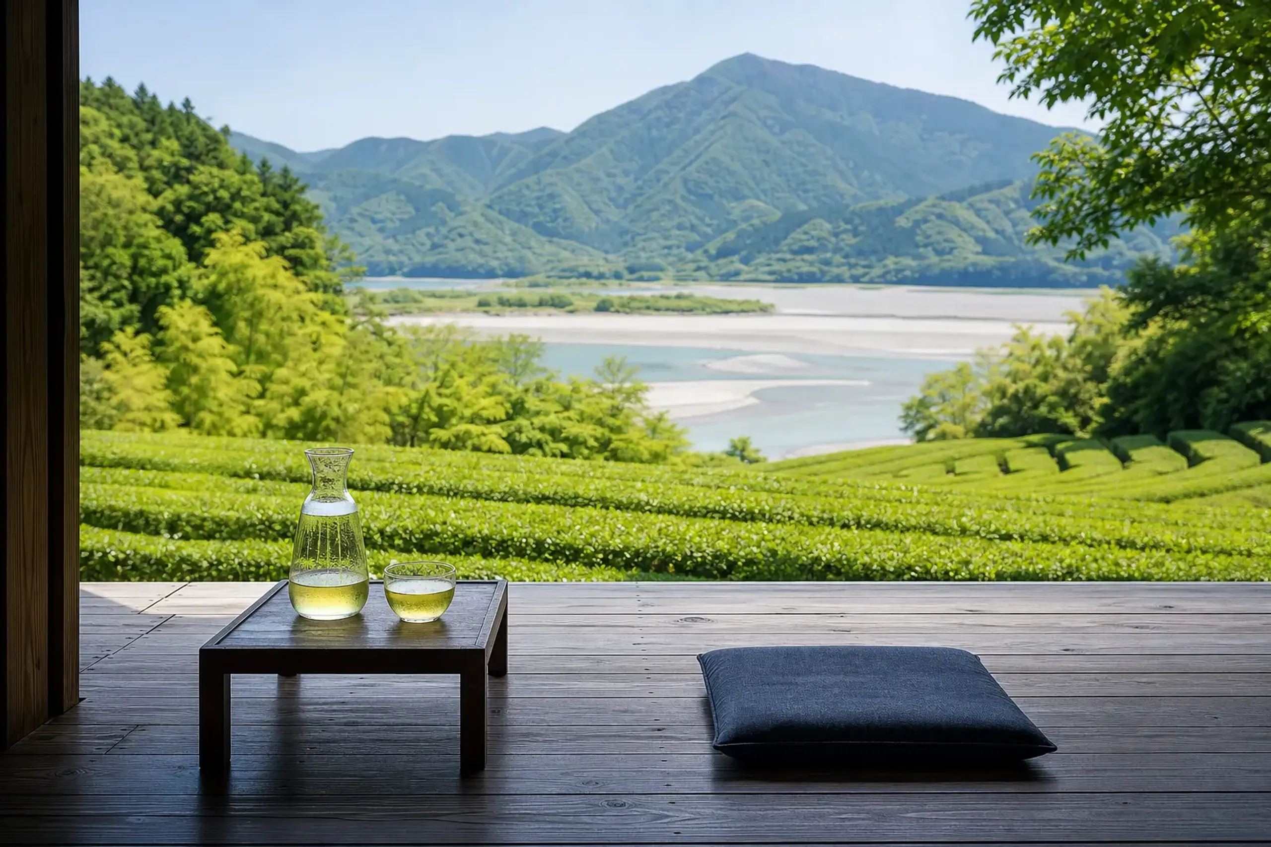 A wooden terrace overlooking Shizuoka tea plantations along a river, set for a private tea break