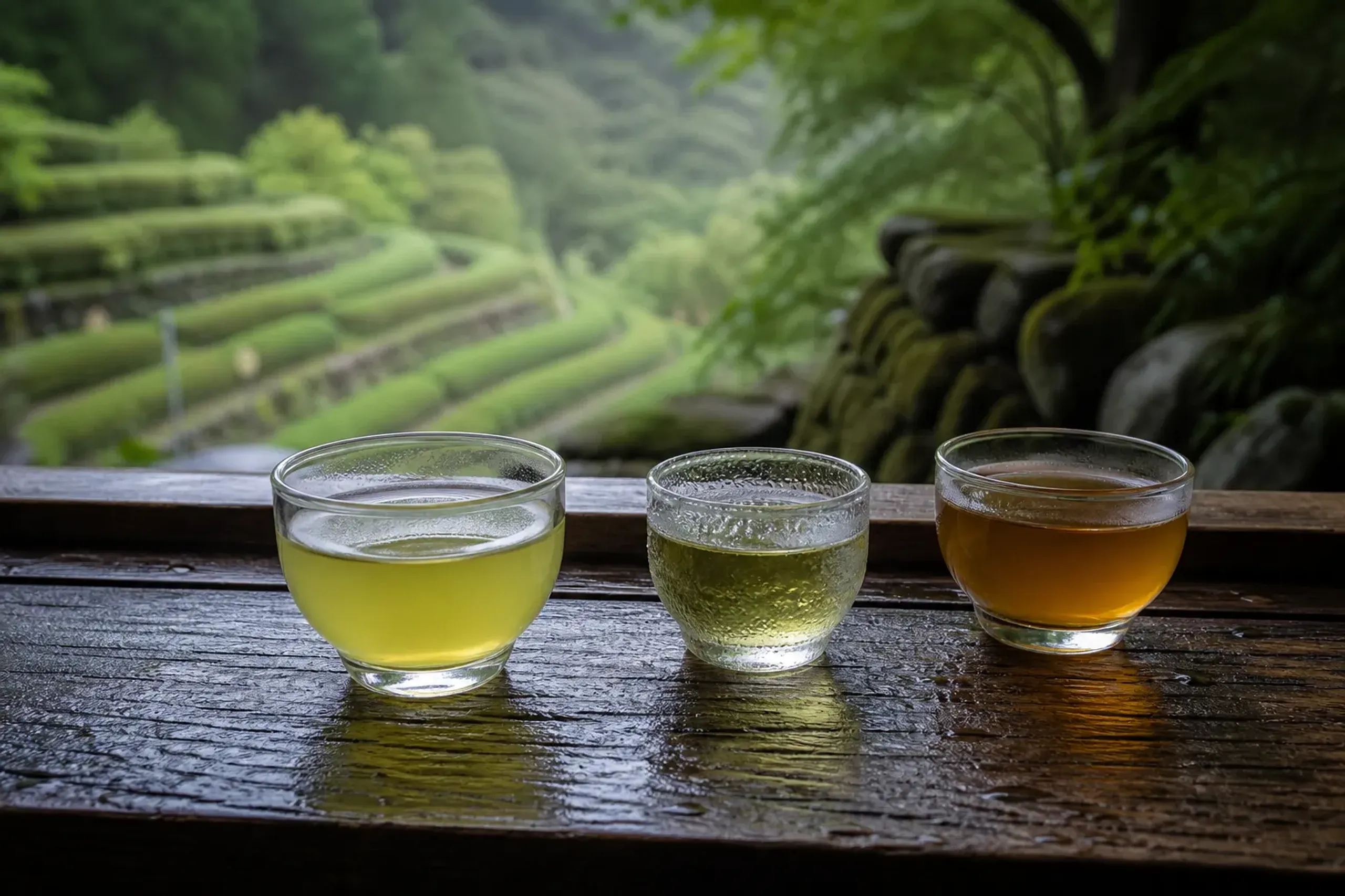 a shaded veranda tasting flight of three glasses—pale jade single-cultivar sencha, thimble-sized ice-brew gyokuro, and amber hojicha—arranged in a row overlooking Shizuoka's terraced tea rows