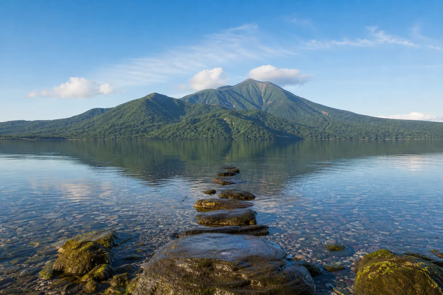 Clear blue Lake Shikotsu in Hokkaido with Mount Eniwa volcano reflected in calm water