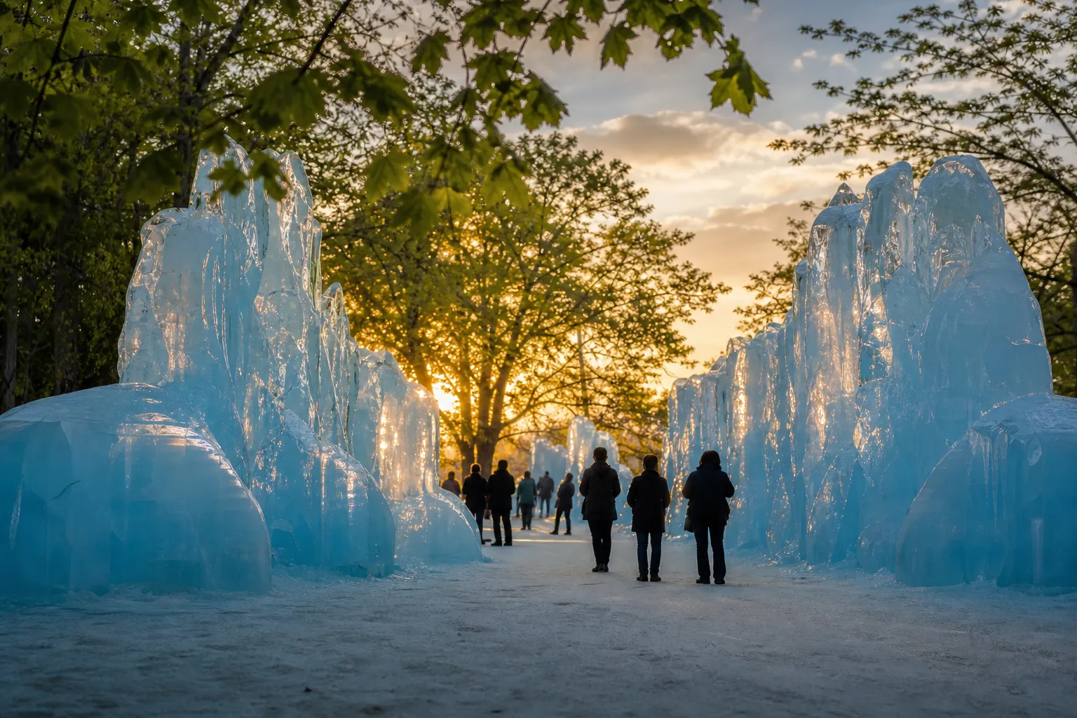 Glowing blue ice sculptures illuminated at dusk during the Chitose Lake Shikotsu Ice Festival