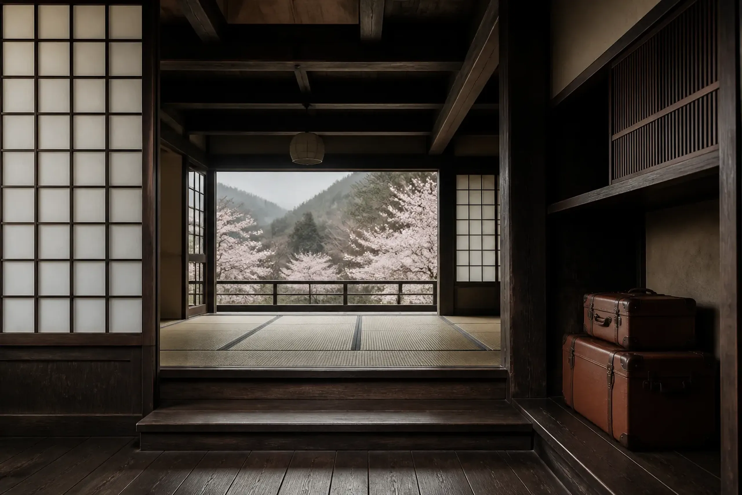 Renovated traditional Japanese house interior with timber beams and small step