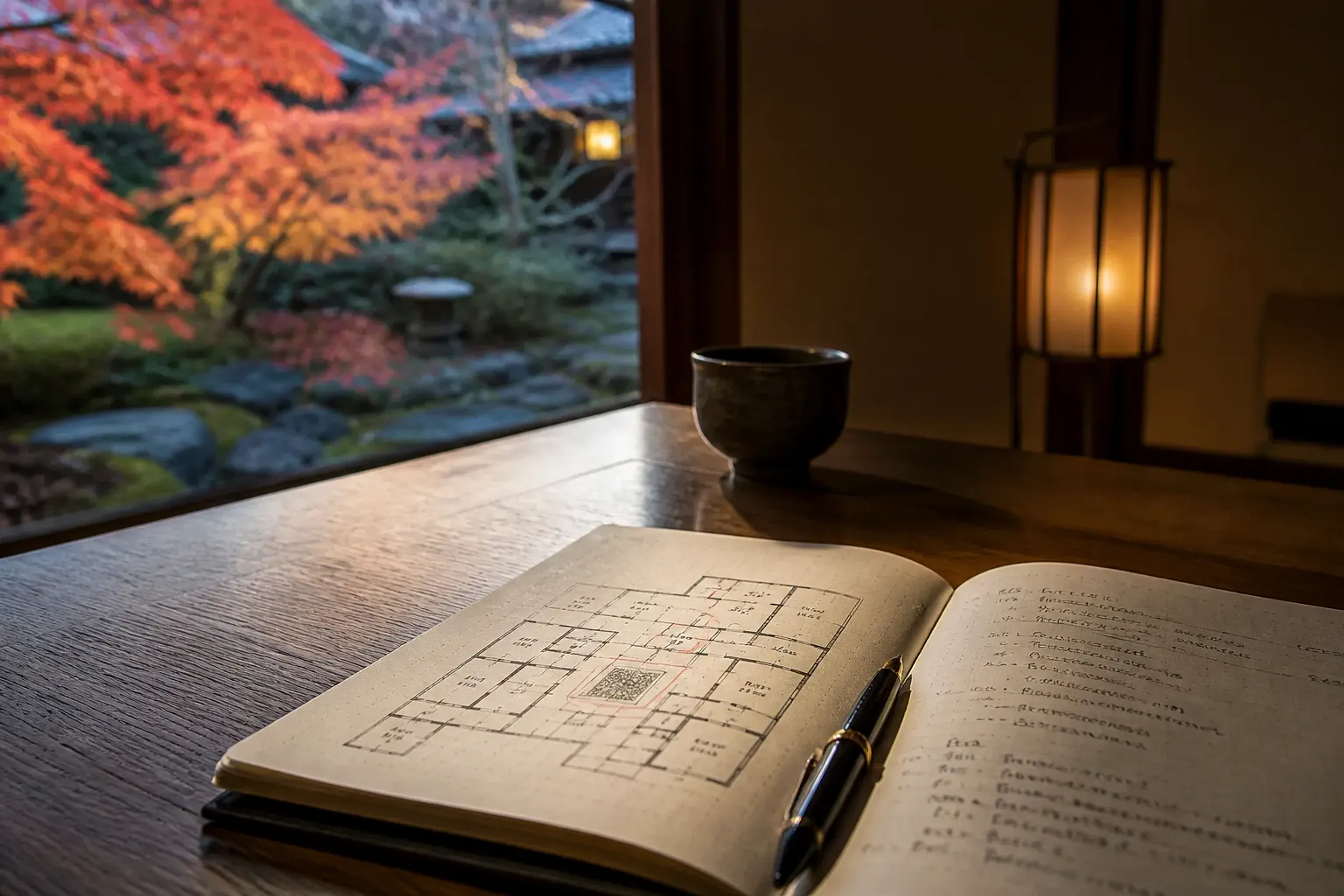 Notebook with room-selection questions beside a generic floor plan on a desk