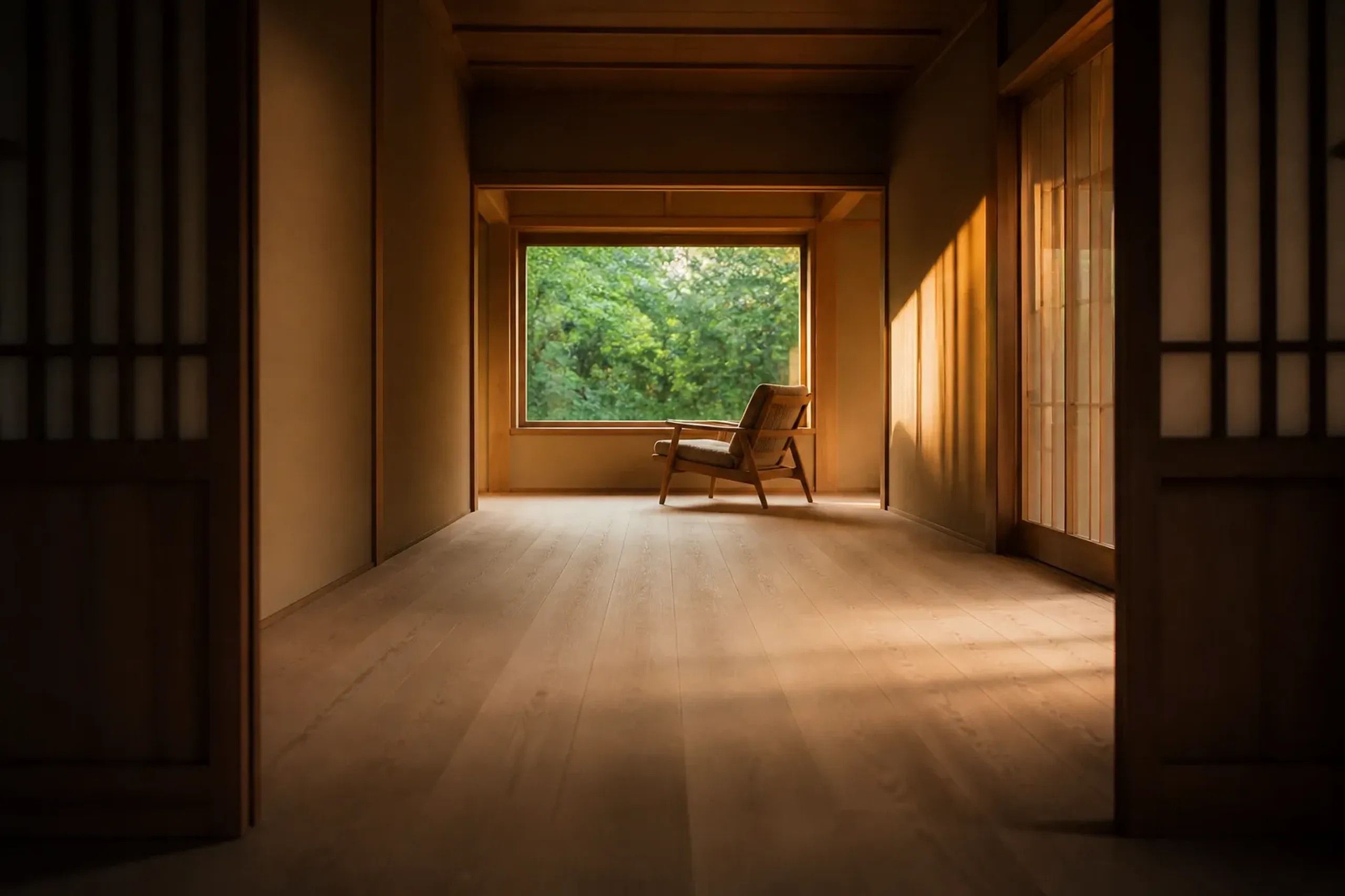 A compact Japanese hotel room with clean sightlines from door to window, timber floors, a single armchair by a small window, and an unbroken path of movement across the space