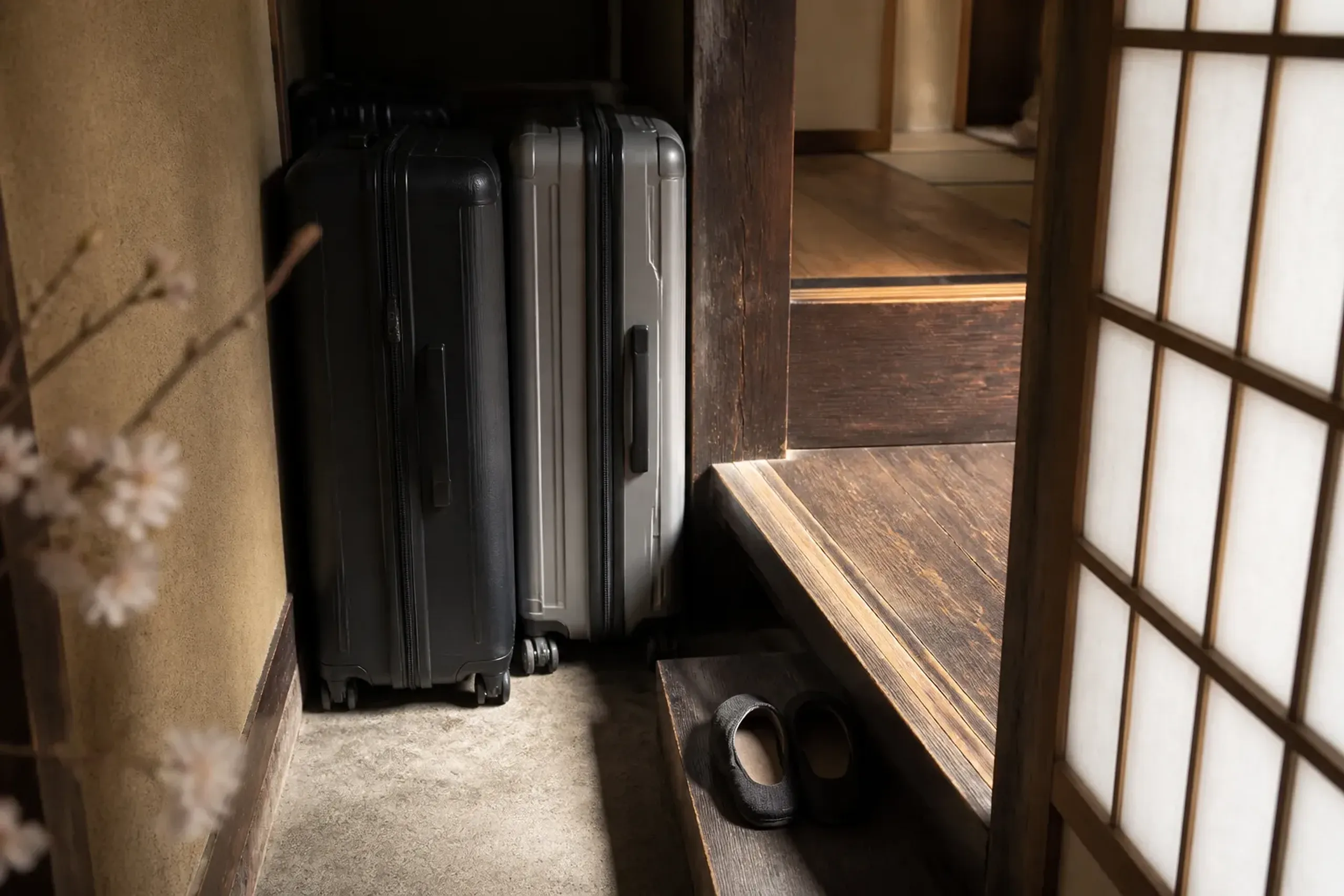 A converted machiya interior with two large hard-shell suitcases positioned in a narrow entry vestibule beside a low wooden doorway, showing the tight luggage choreography of a heritage townhouse