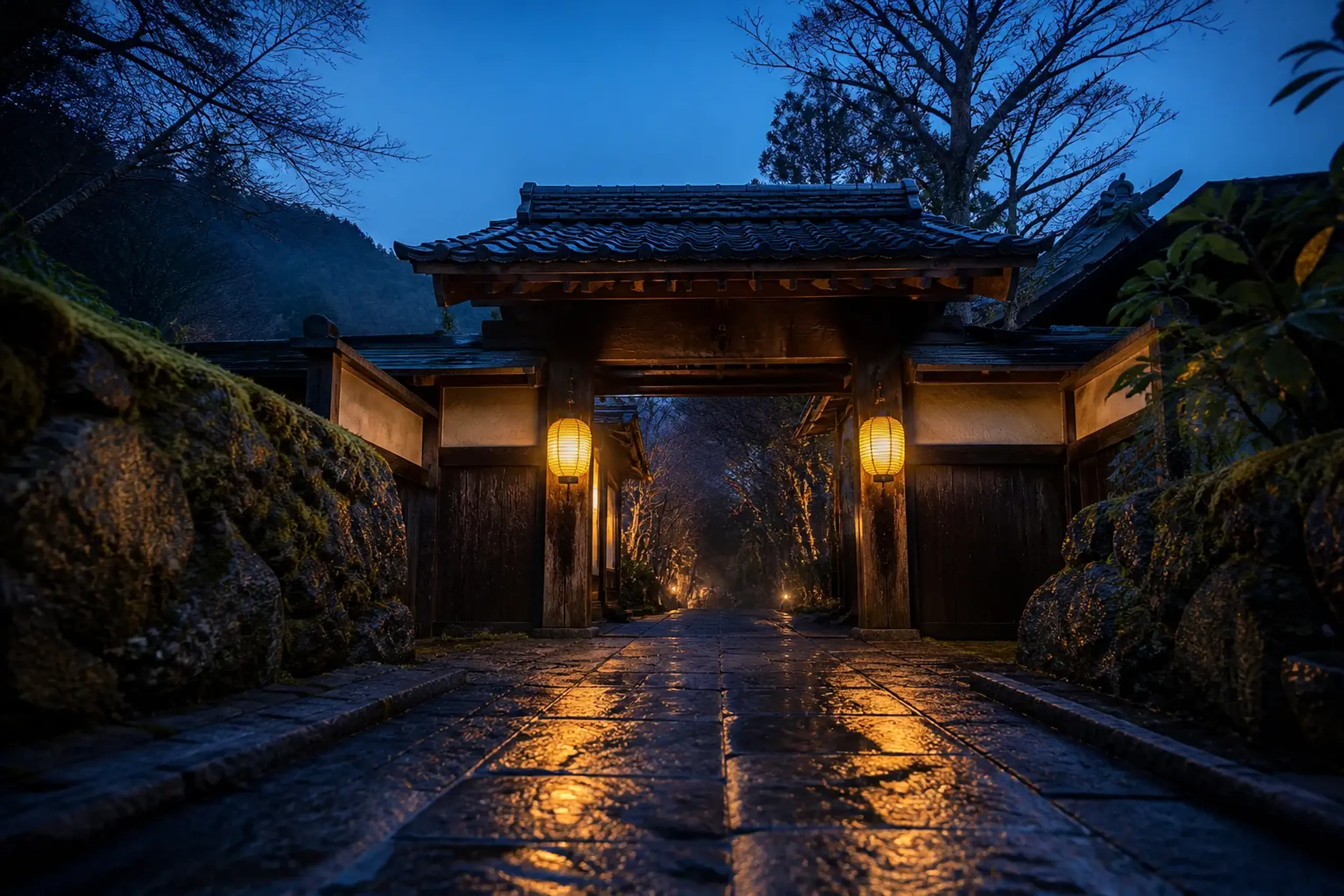 Entrance gate of a Japanese shukubo temple lodging at dusk with lanterns and stone path