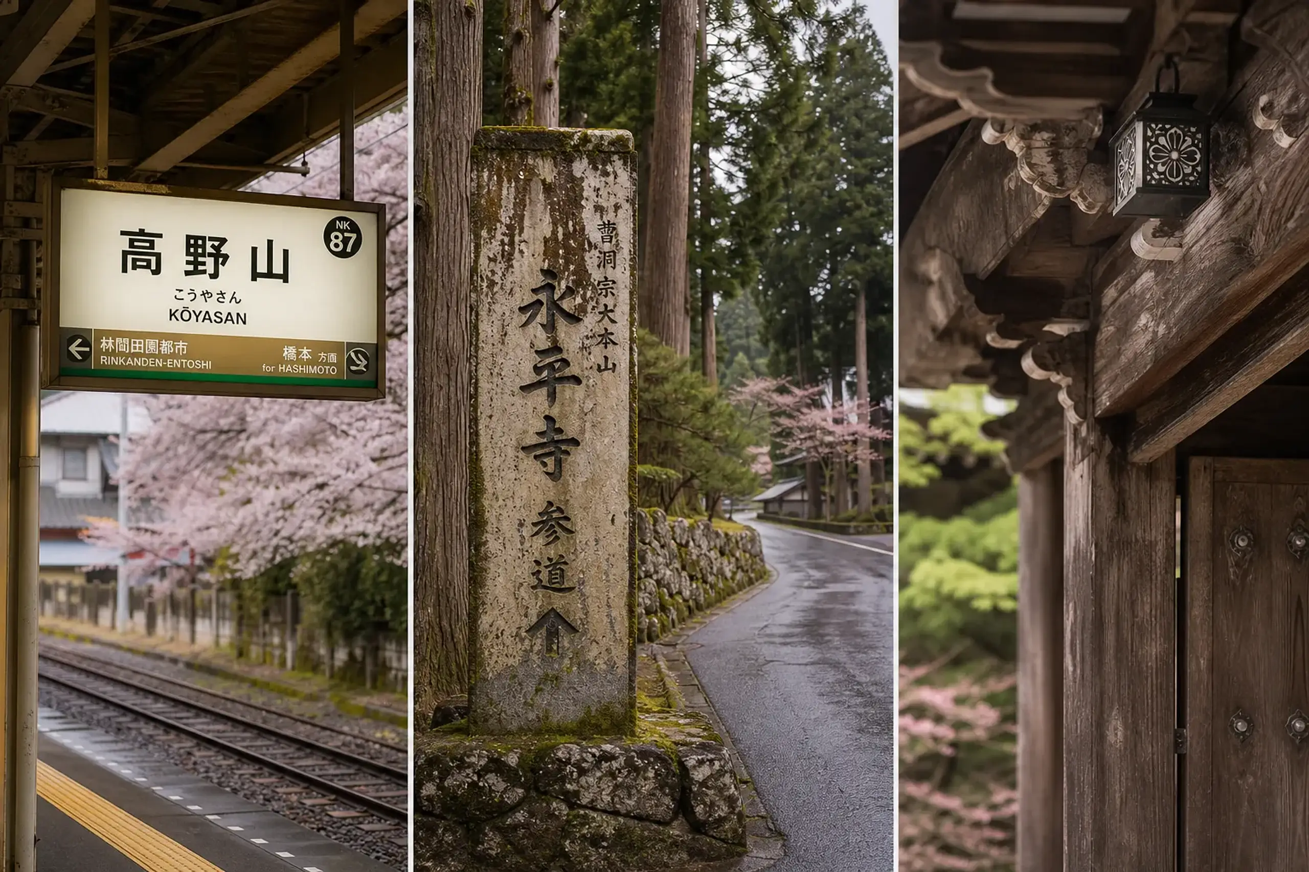 Travel planning scene with maps and references to Koyasan, Eiheiji, and Kyoto temple areas