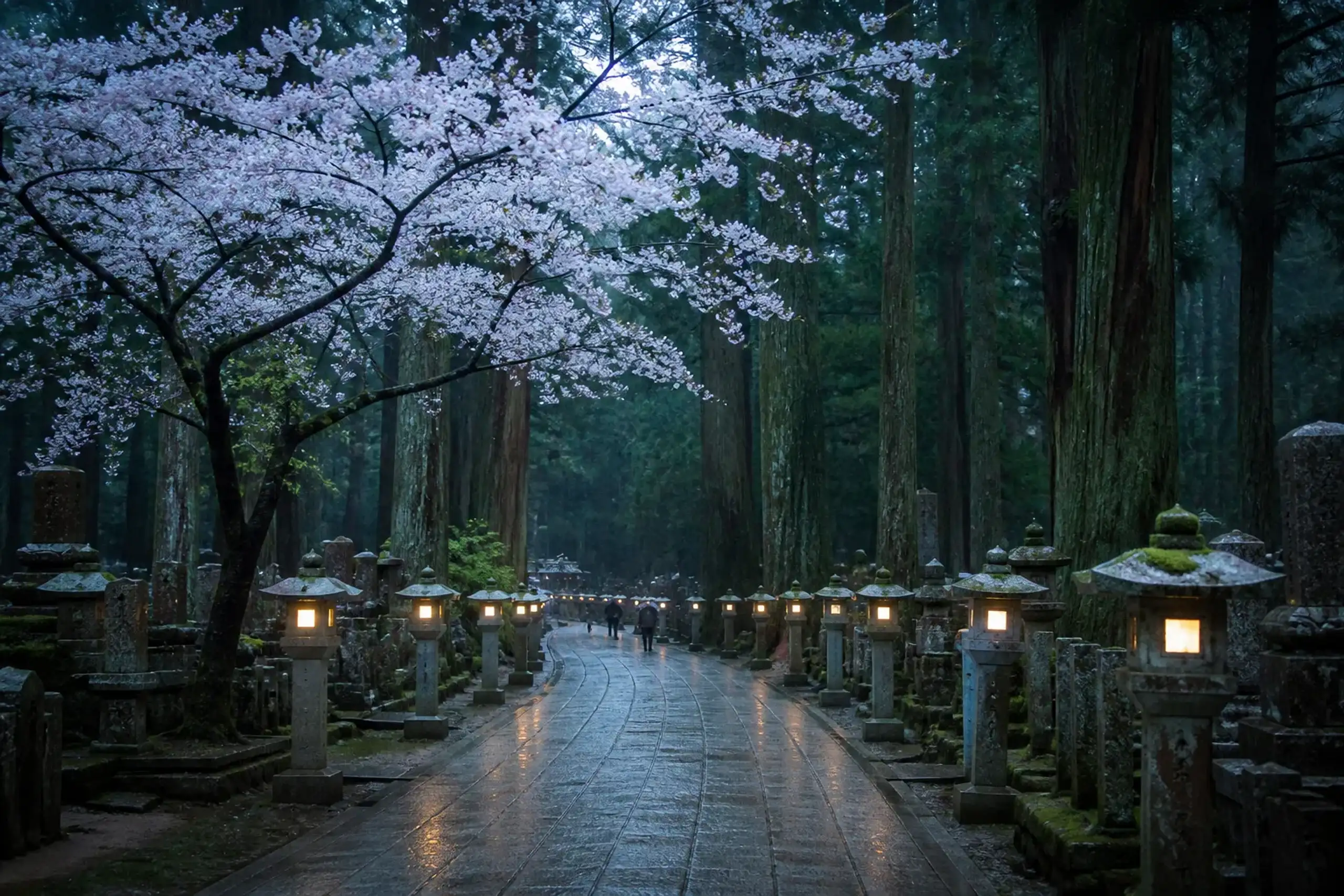Lantern-lit path through Okunoin Cemetery in Koyasan at night among tall cedar trees