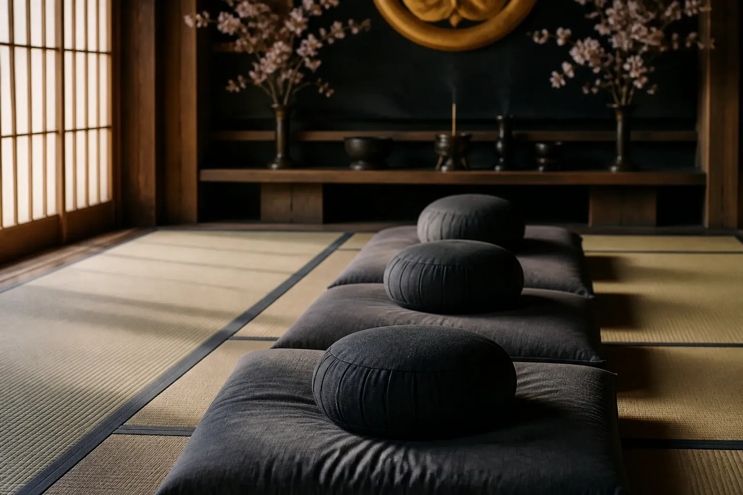 A low, side-lit close-up of neatly arranged zafu (meditation cushions) and zabuton mats laid out on tatami inside a Kyoto subtemple zazen hall, with a simple Buddhist altar area in soft focus and no p
