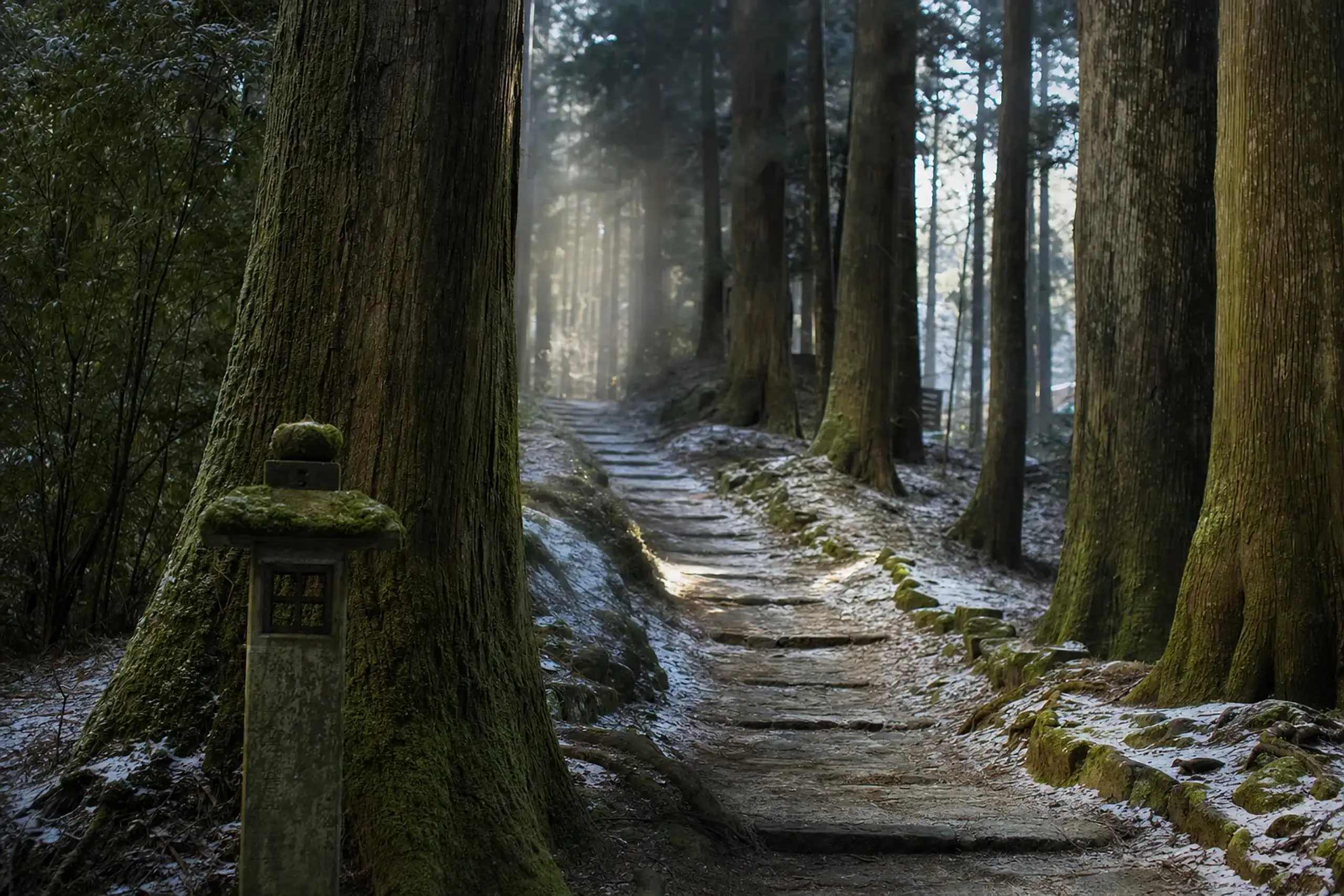 The mountain-forest approach path to Chūson-ji temple in Hiraizumi, Iwate, first opened by the Tendai priest Ennin in 850