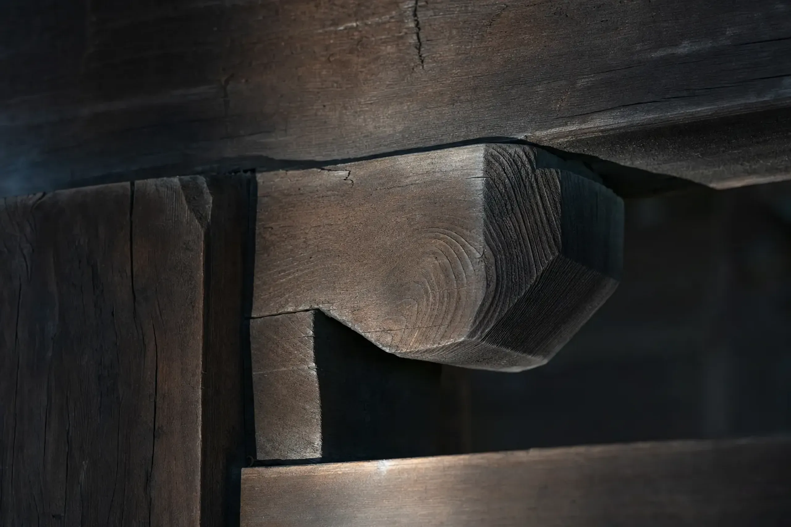 The aged Japanese cypress timber beams and structural joinery of the Golden Hall, felled in the early 12th century