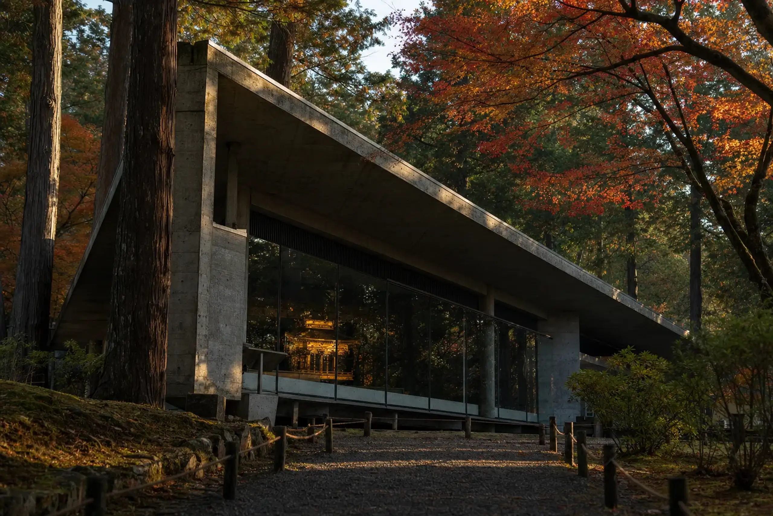 The protective glass enclosure and the concrete outer shelter pavilion (Ōoidō) that has covered the Golden Hall since 1965