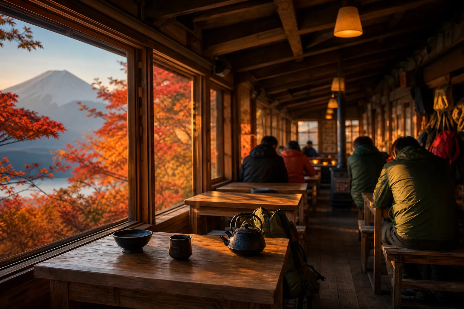 Warm-lit dining area inside a Mount Fuji mountain hut with hikers resting after the climb