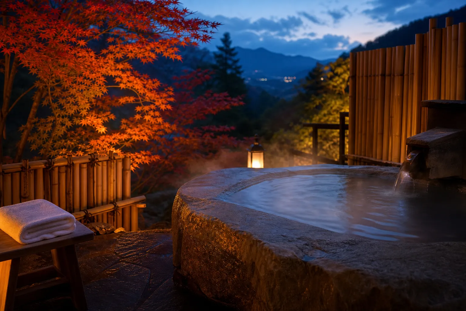 Outdoor stone onsen bath in Hakone with steam rising and bamboo fencing
