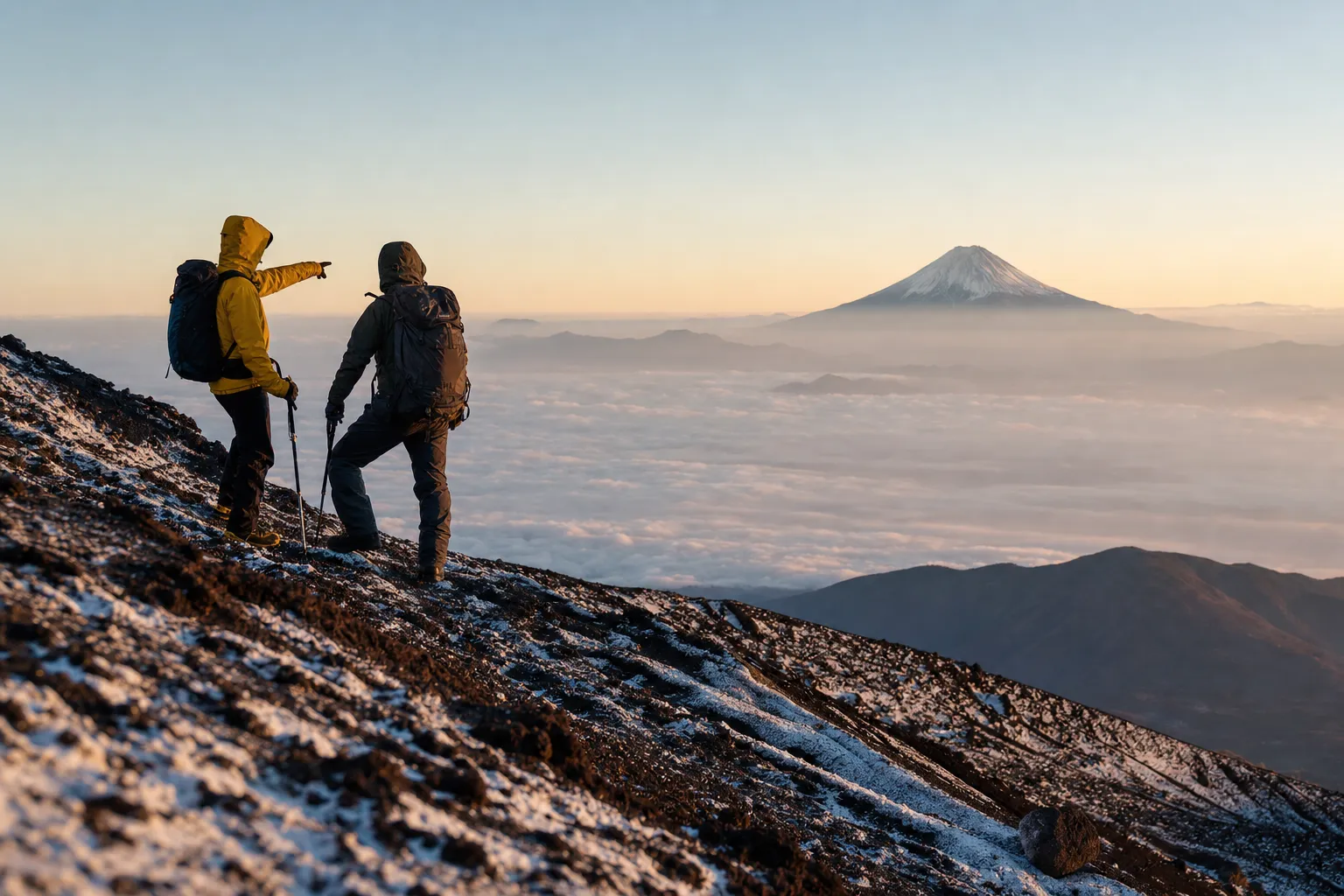 Climbers preparing at Mount Fuji 5th Station at dawn before starting the ascent