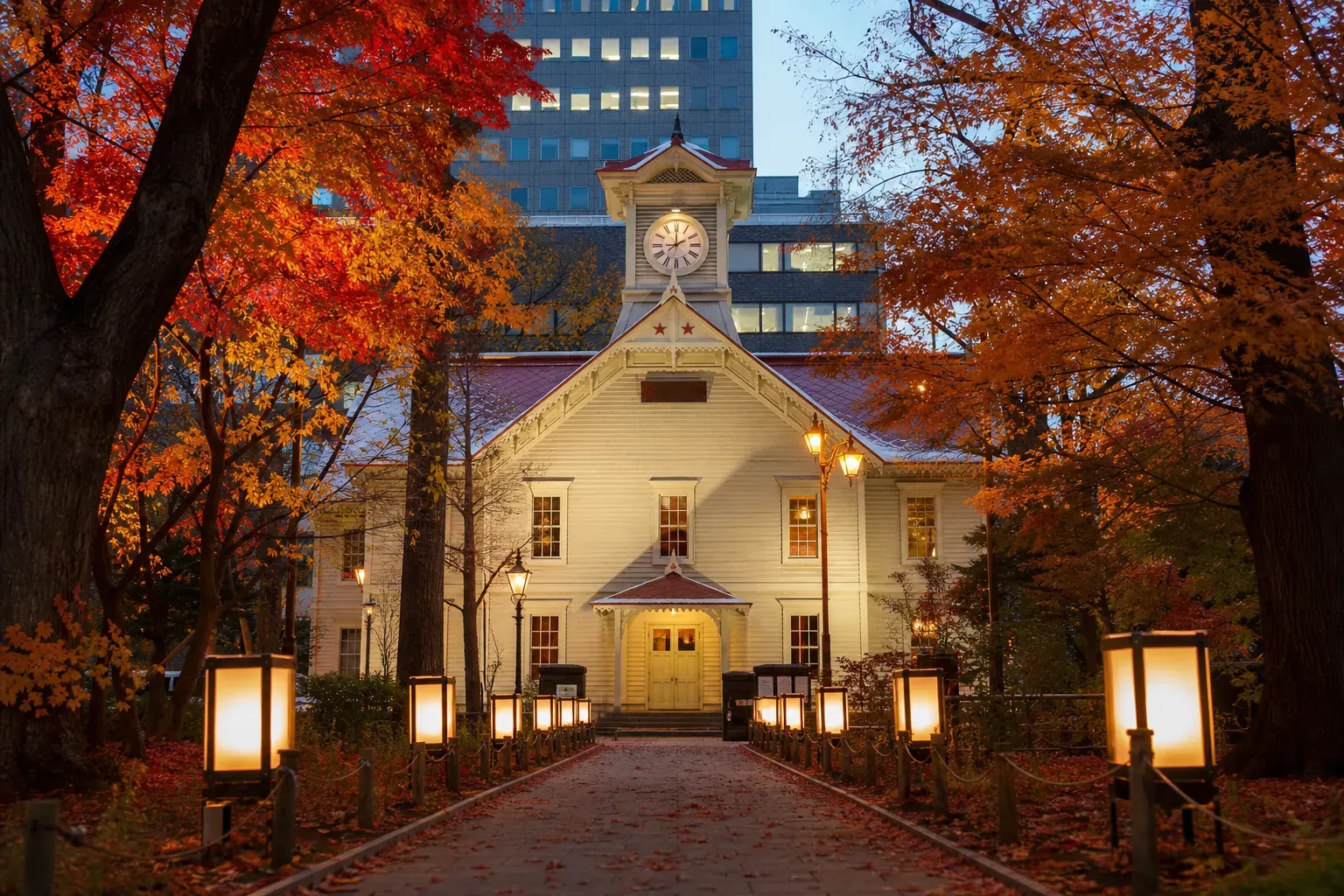 White wooden Sapporo Clock Tower with red cupola surrounded by modern city buildings