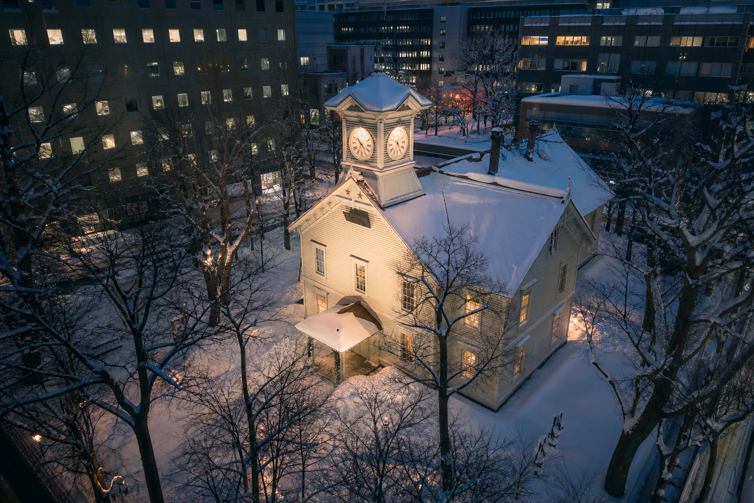 Sapporo Clock Tower covered in winter snow against a grey sky