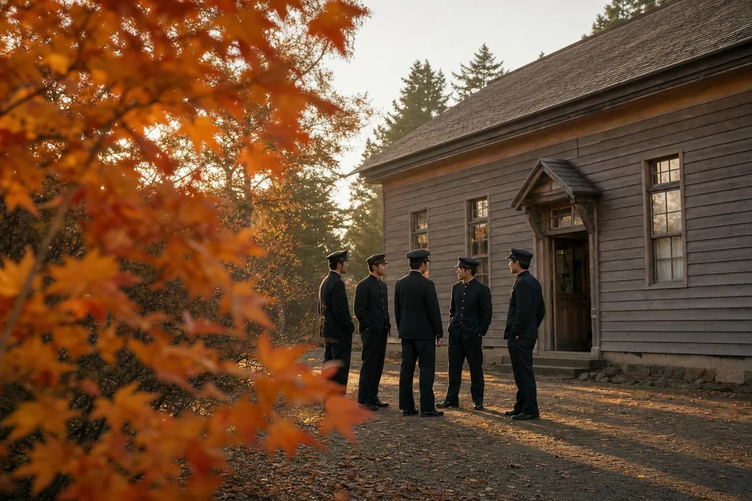 Meiji-era students outside the original Sapporo Agricultural College drill hall