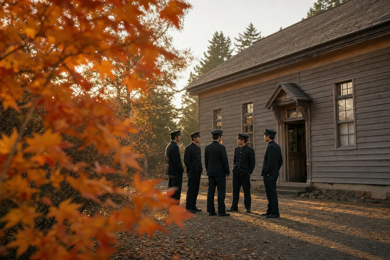 Meiji-era students outside the original Sapporo Agricultural College drill hall