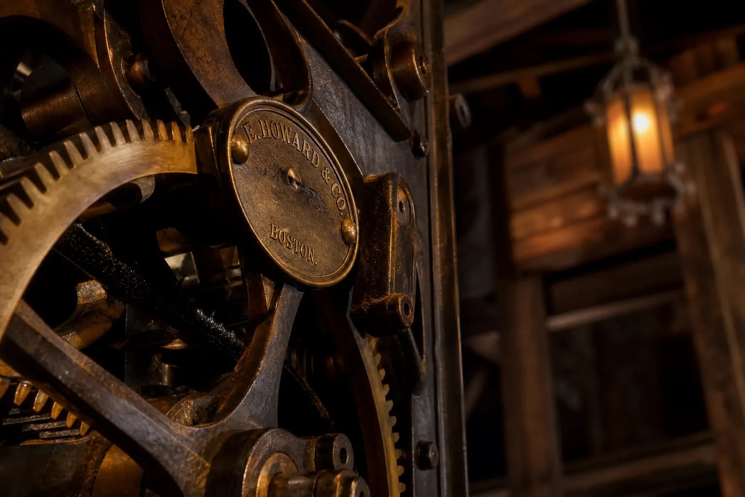Antique E. Howard and Co clock mechanism with brass gears inside the Sapporo Clock Tower